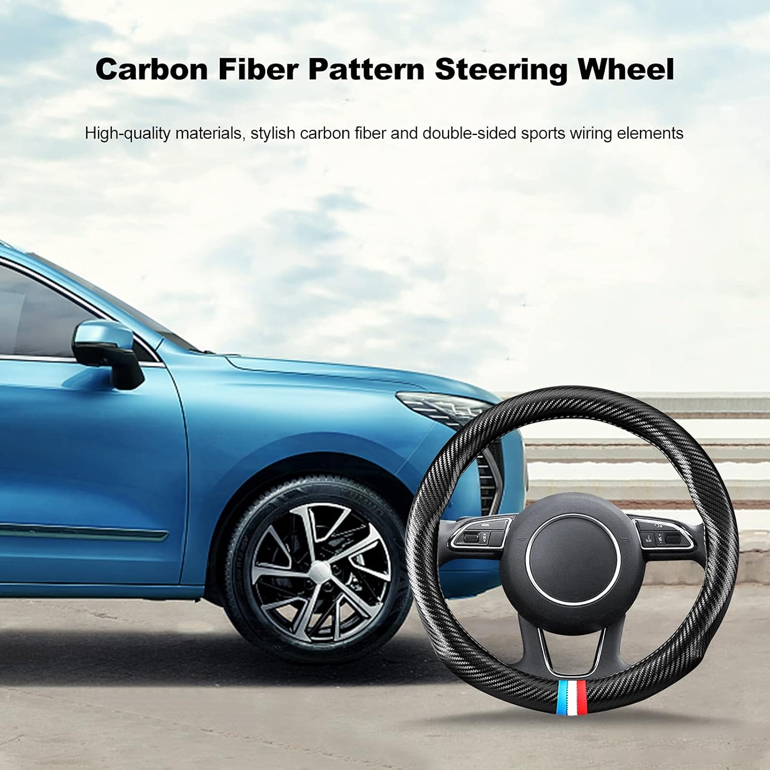 Ergocar Funda de volante de material de fibra de carbono, antideslizante, transpirable, absorbente de sudor, funda deportiva de moda para volante de