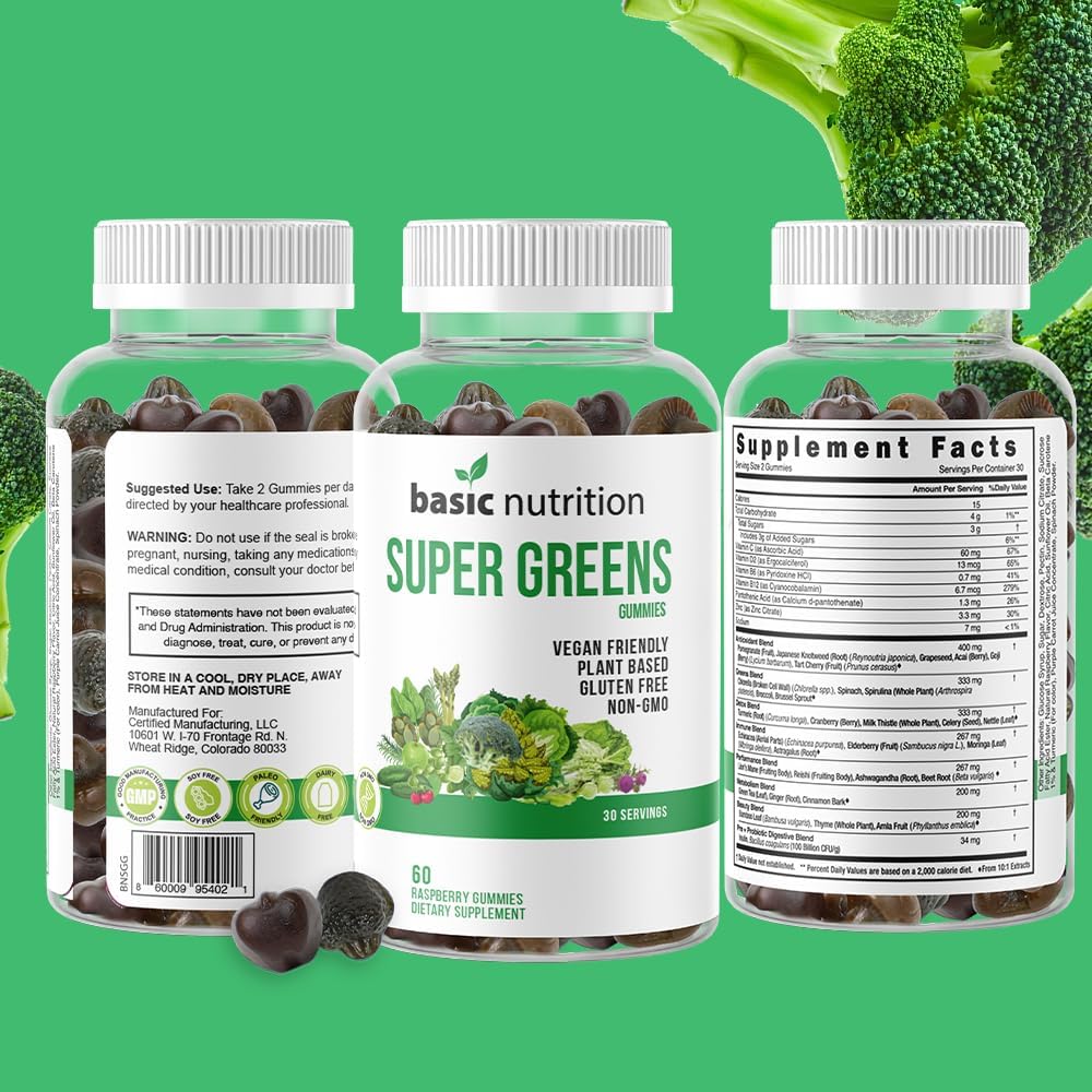 Basic Nutrition SuperFruits + SuperGreens – Paquete de gomitas  Vitaminas y minerales que promueven el colágeno para la belleza, la energía y la