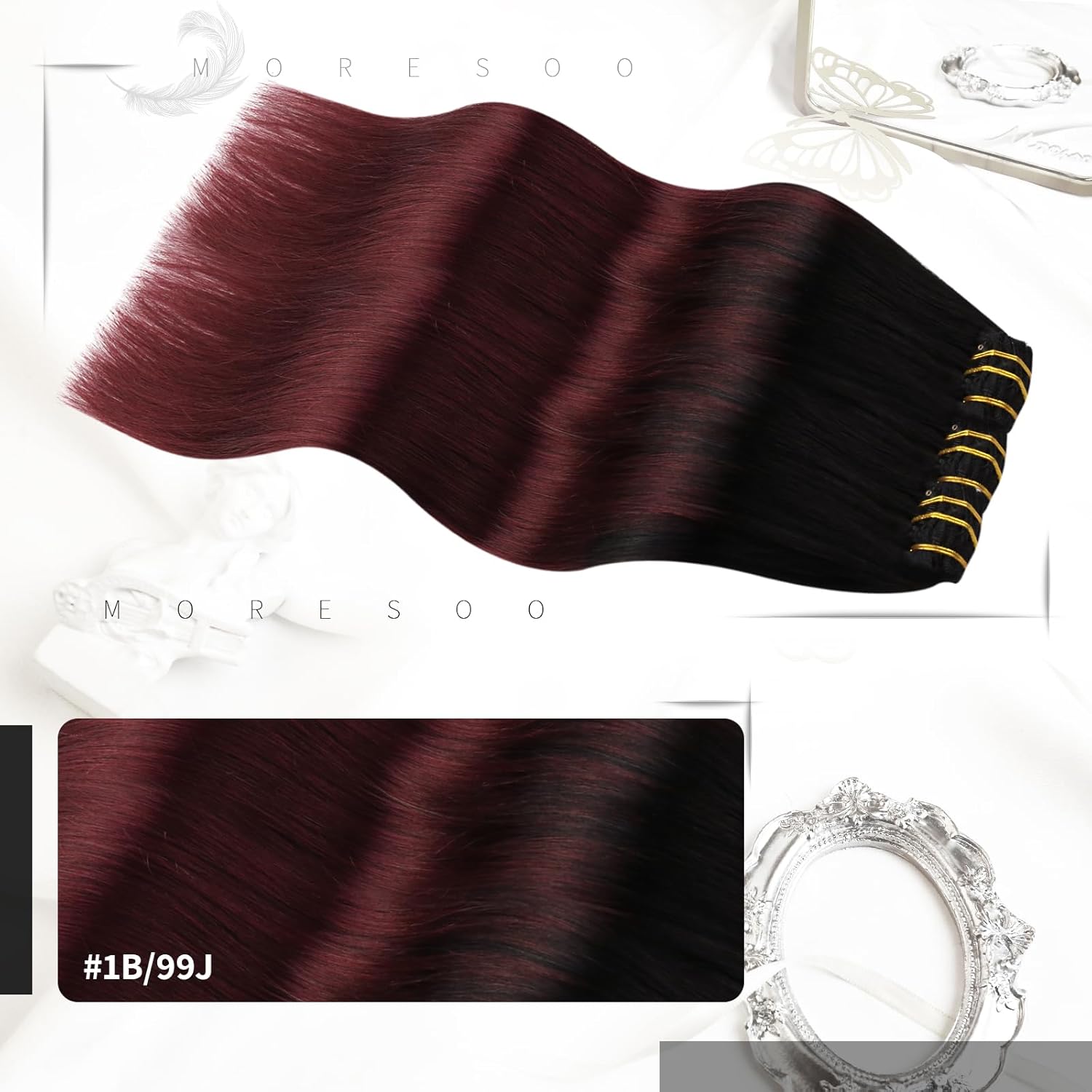 Moresoo Extensiones de cabello humano real con clip, balayage, color negro a vino tinto, extensiones de cabello humano con clip de doble trama, 7