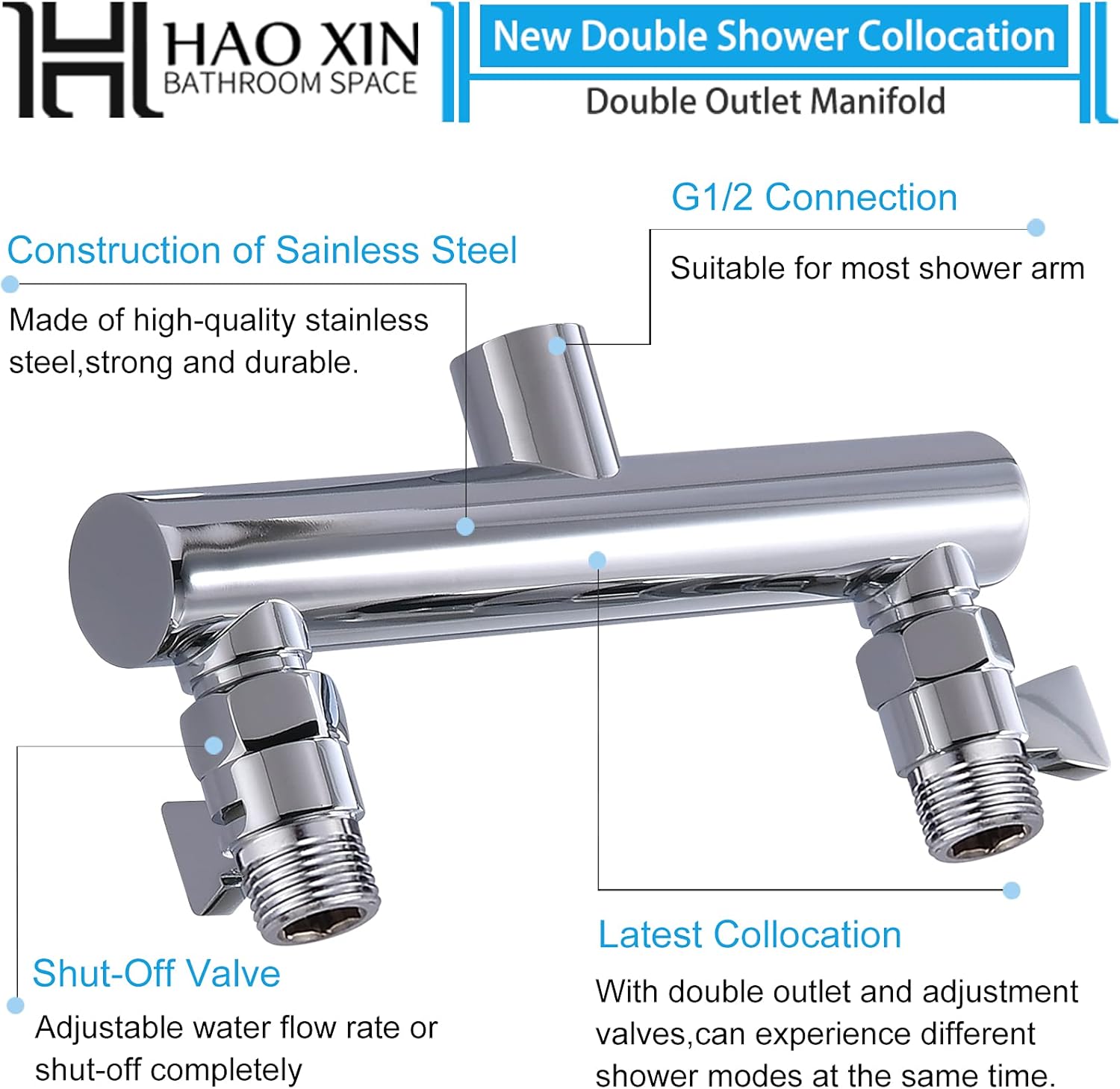 HAOXIN Colector de ducha de doble salida con válvula de cierre, adecuado para sistema de ducha de doble rociador, cromo, STC03