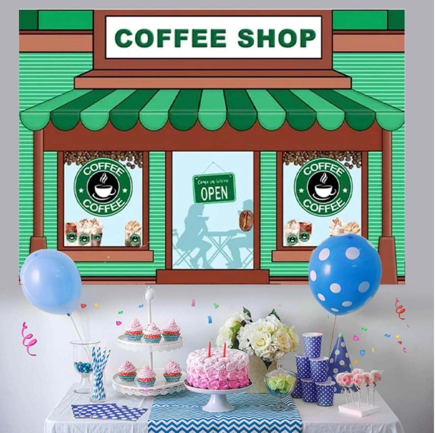 Telón de fondo de fotografía de dibujos animados a rayas verdes para cafetería, fondo de helado, decoración de cabina de café, accesorios de