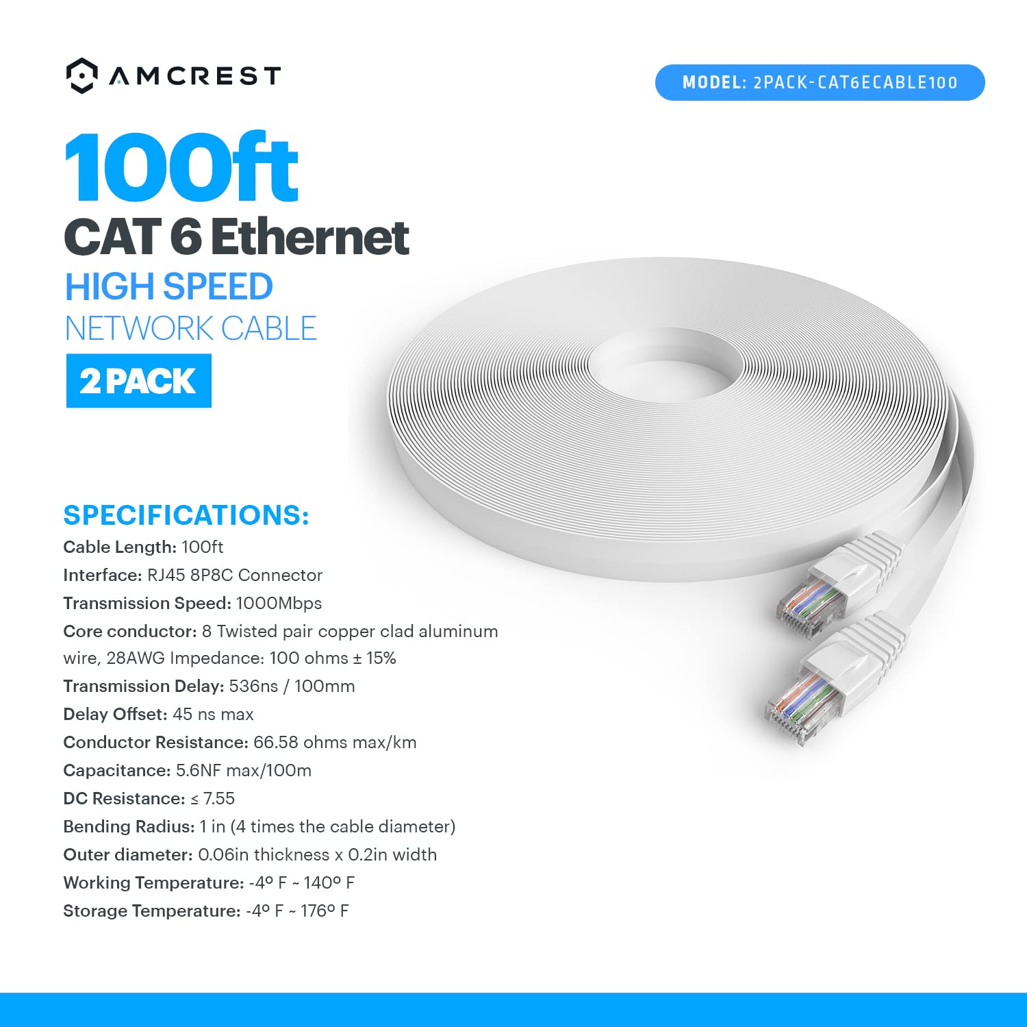 Amcrest CAT6E – Cable Ethernet POE de video con clasificación 4K, cable de red de alta velocidad de Internet de 100 pies para cámaras IP de