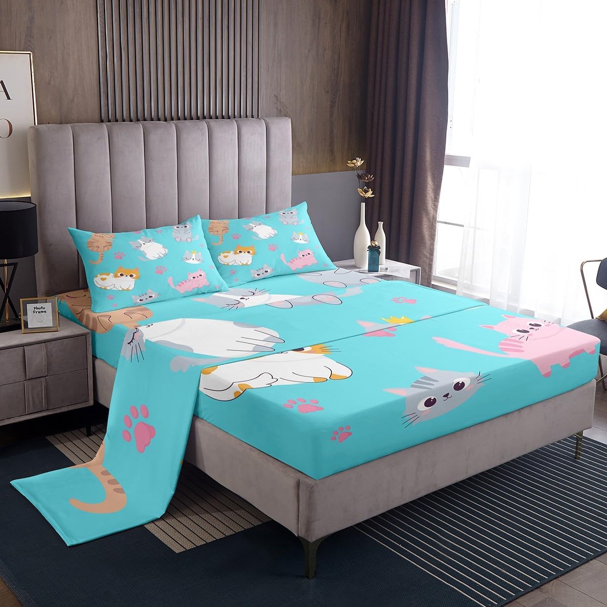 Erosebridal Lindo juego de ropa de cama de gatos Kawaii de tamaño individual, sábanas para niños y niñas, juego de sábanas de gatos de dibujos