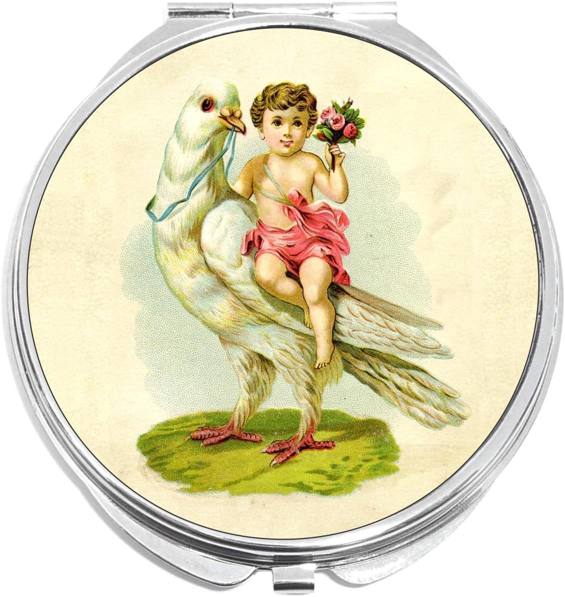 Pintura de pájaro vintage para montar a niños, compacta con espejos, espejo plegable de bolsillo y monedero perfecto para aplicar maquillaje en