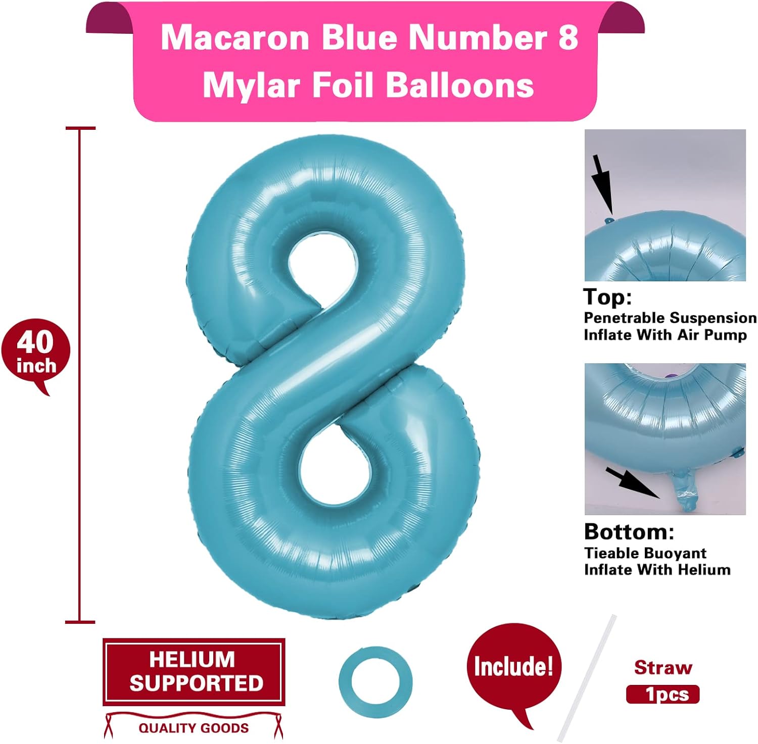 Globo gigante de 40 pulgadas color azul macarrón con el número 8, globos de aluminio de aluminio de Mylar con helio para fiestas de cumpleaños,