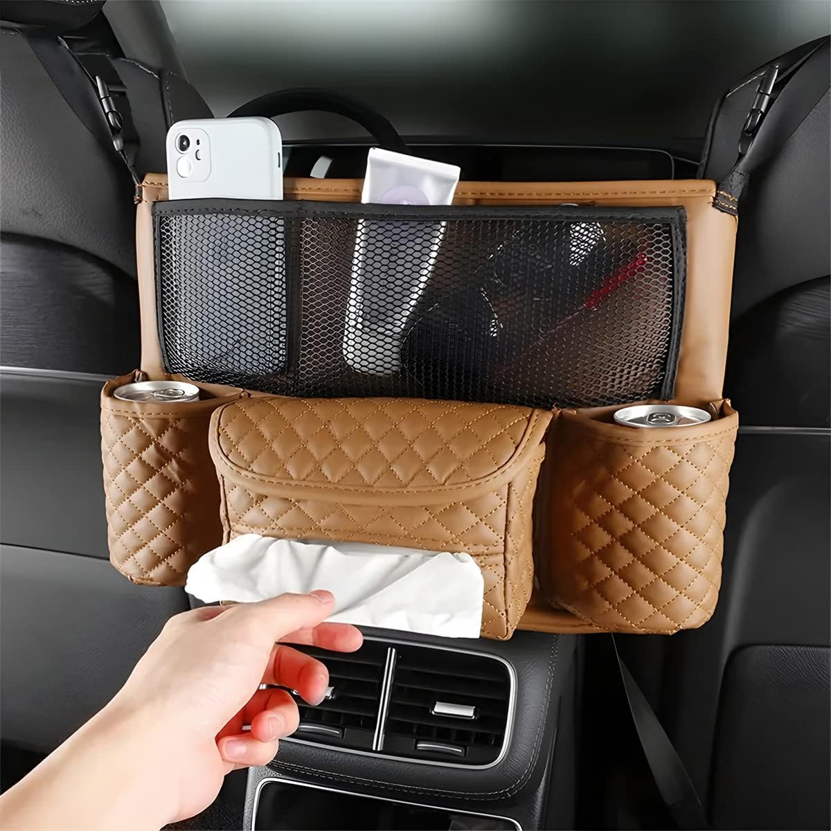 zipelo Soporte para bolso de coche entre asientos, soporte de cuero sintético con múltiples bolsillos de gran capacidad, barrera de bolsa de red
