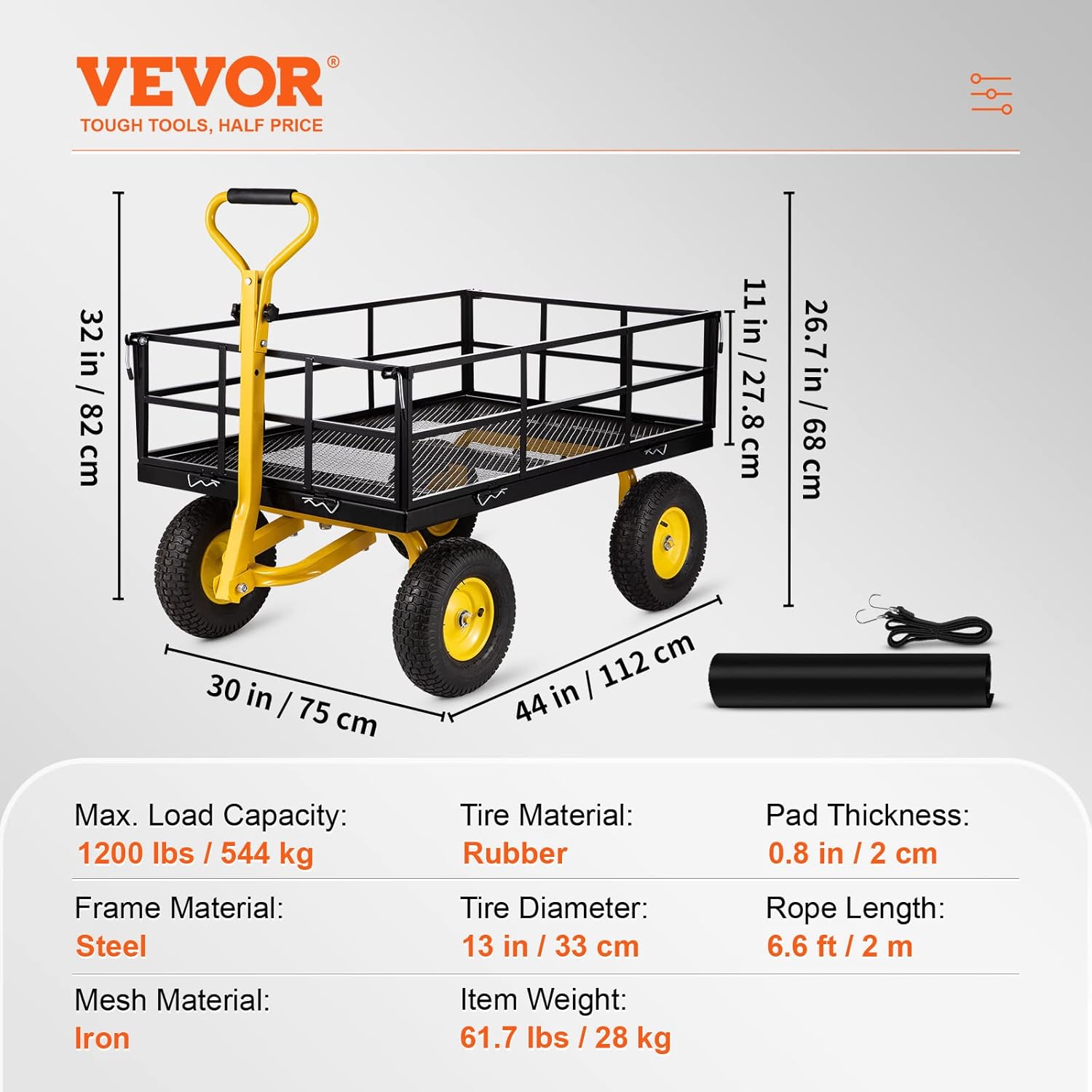 VEVOR Carrito de jardín de acero, resistente capacidad de 1200 libras, con lados de malla extraíbles para convertir en plataforma plana, carro de