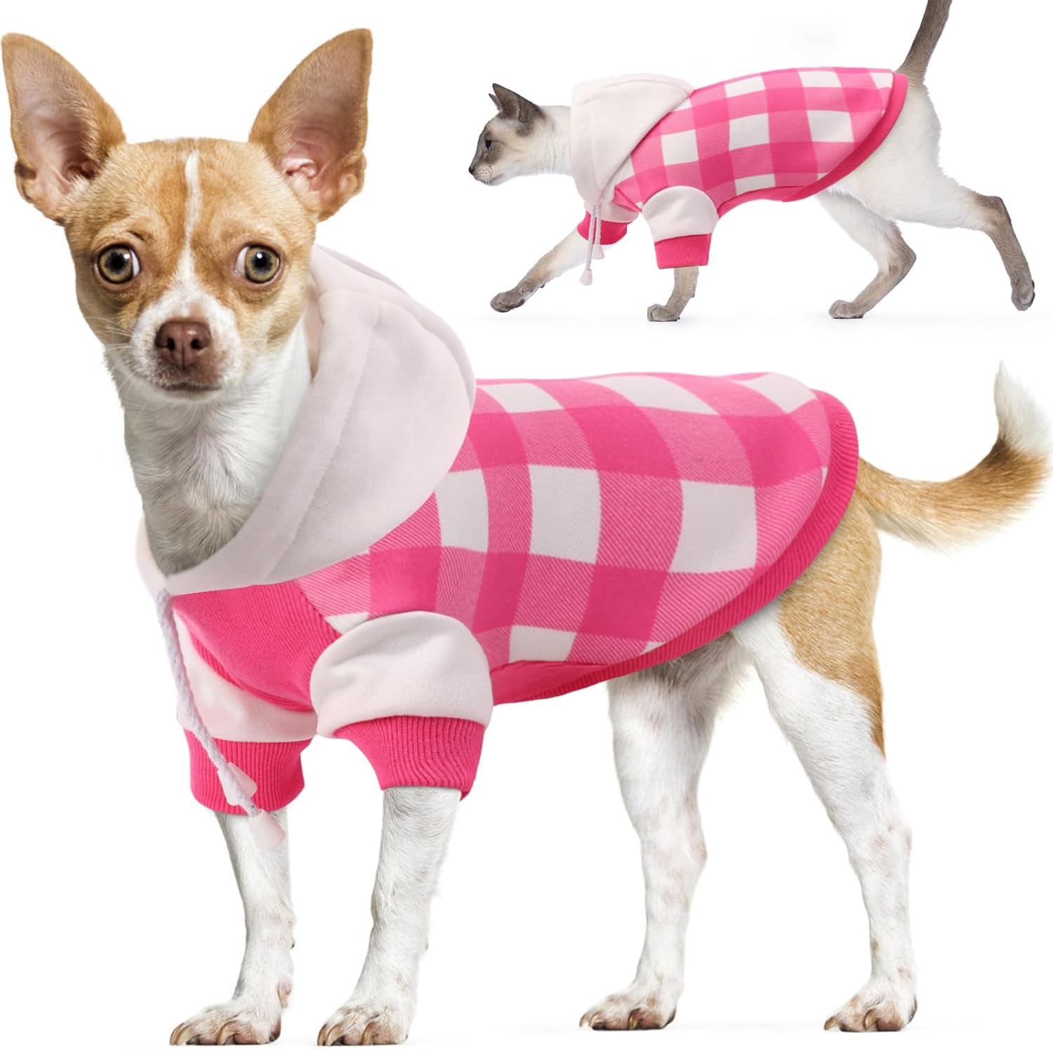Sudadera con capucha a cuadros para perro, sudadera suave para perro, sudaderas con capucha de forro polar cálido para perros pequeños, suéteres con