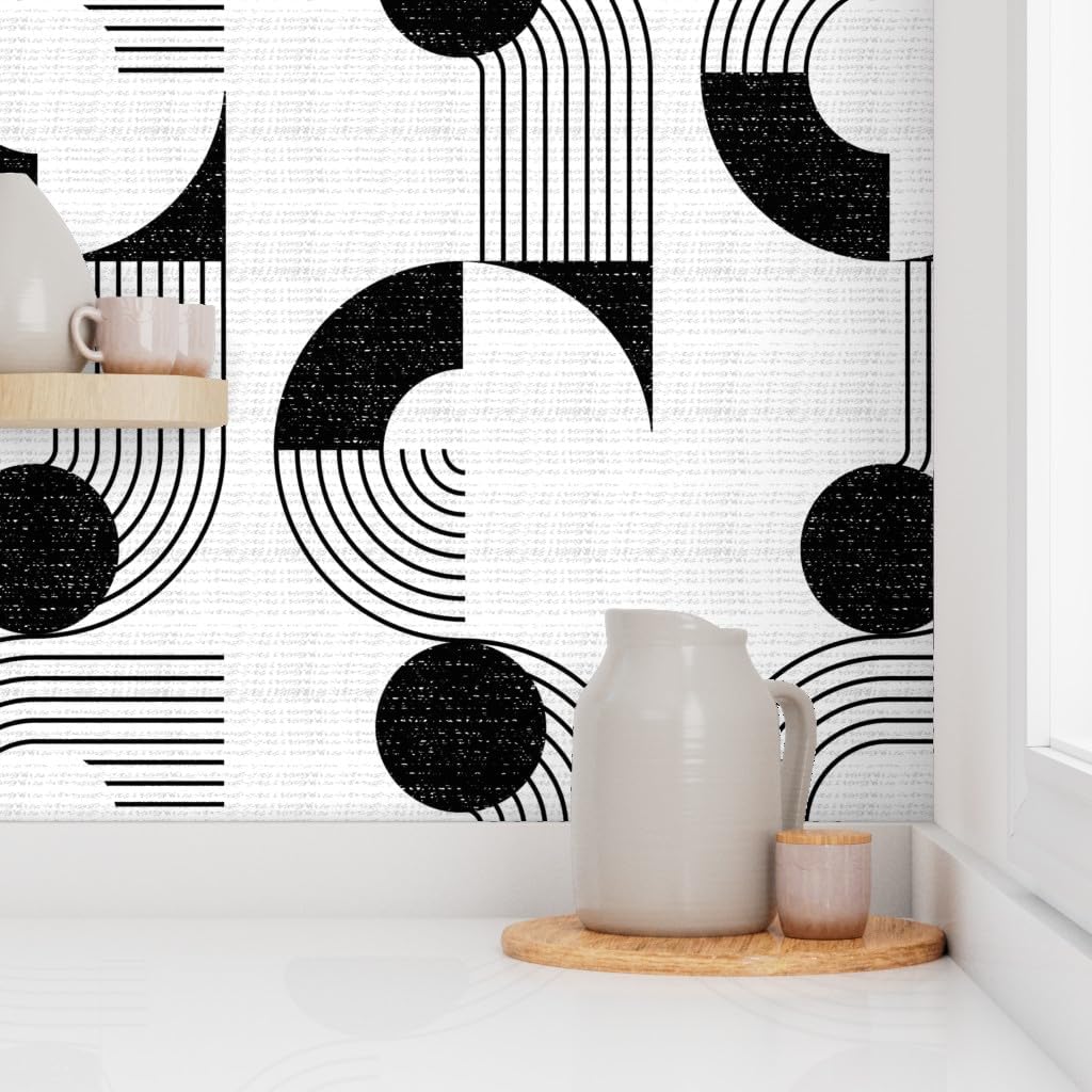 Spoonflower Peel & Stick Wallpaper Swatch – Bauhaus Noodle Bowl Medium Scale Black White Circles Modern Geometric Dots Graphic Custom Removable