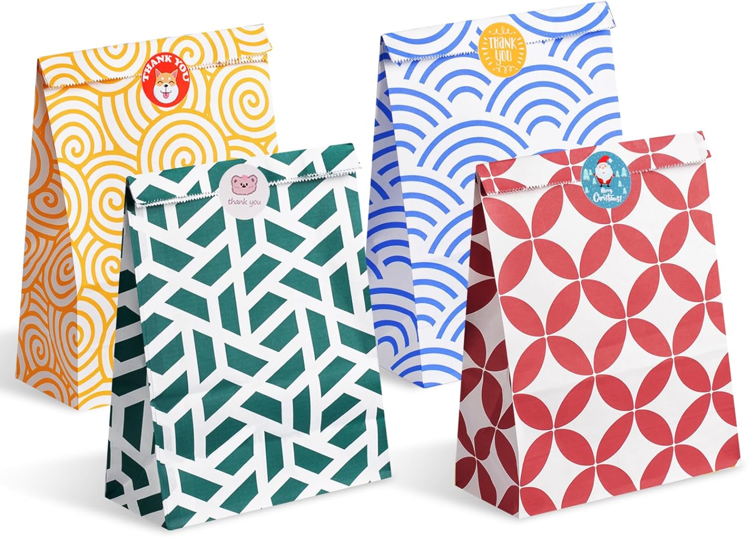 Juego de bolsas de papel de colores surtidos 48 bolsas de regalo en tamaño óptimo 6.7 x 3.2 x 9.4 pulgadas con 48 calcomanías, bolsas de comida para