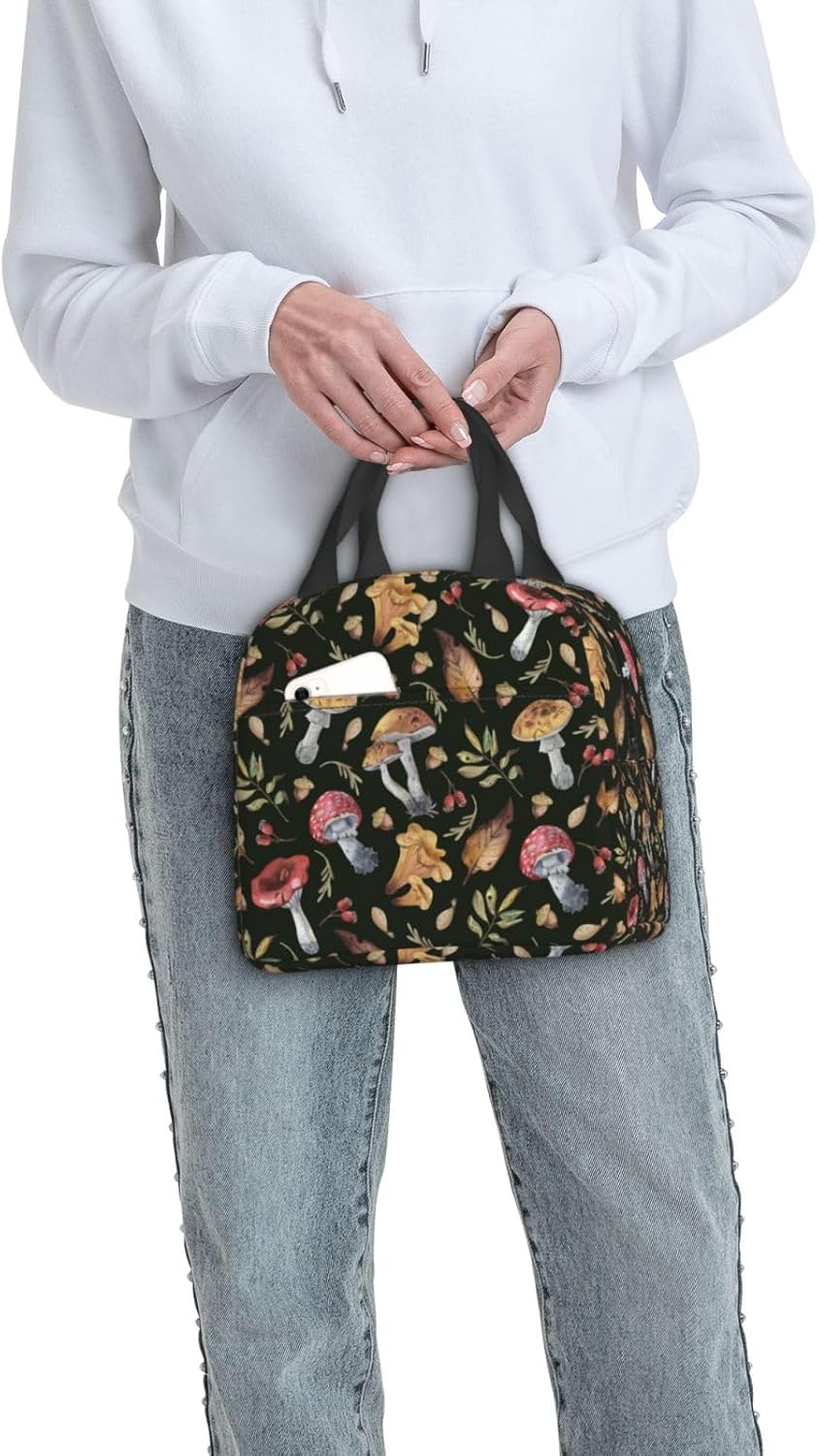 Lonchera aislada para acuarela, hojas de otoño, setas, lonchera, resistente, espaciosa, para adultos, para aprovechar tu día, impermeable, para