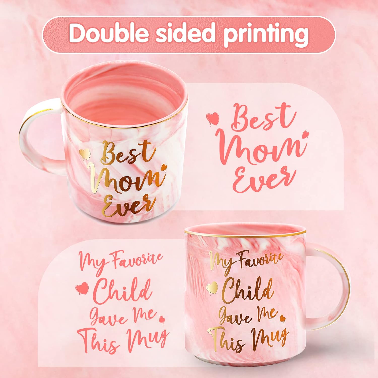 Taza de 12 onzas con la frase “Best Mom Ever” para mamá, divertida taza de café de cerámica con estampado doble de mármol rosa, para el Día de la