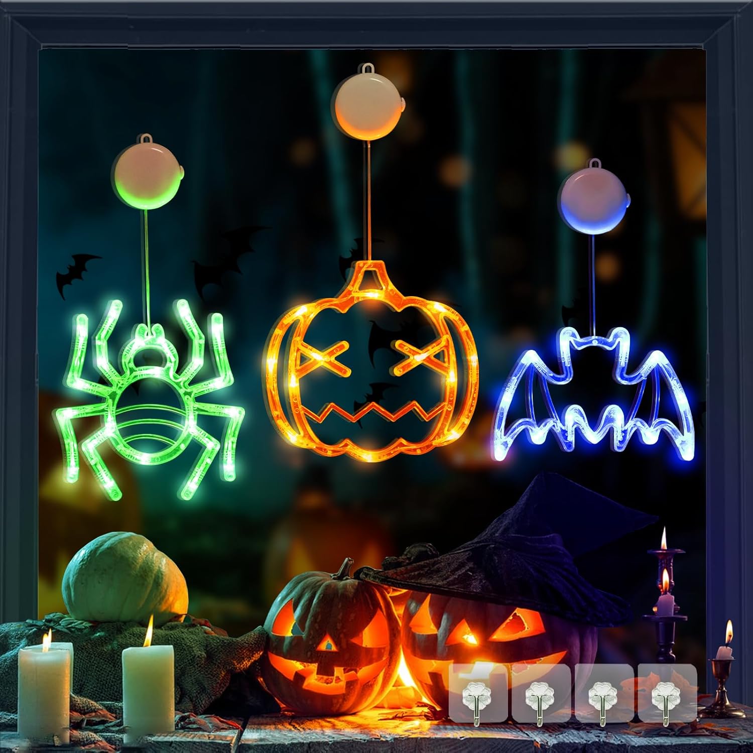 Luces de Halloween para ventana de Halloween, decoración de interiores de calabaza, araña y murciélago, decoración de pared al aire libre, funciona