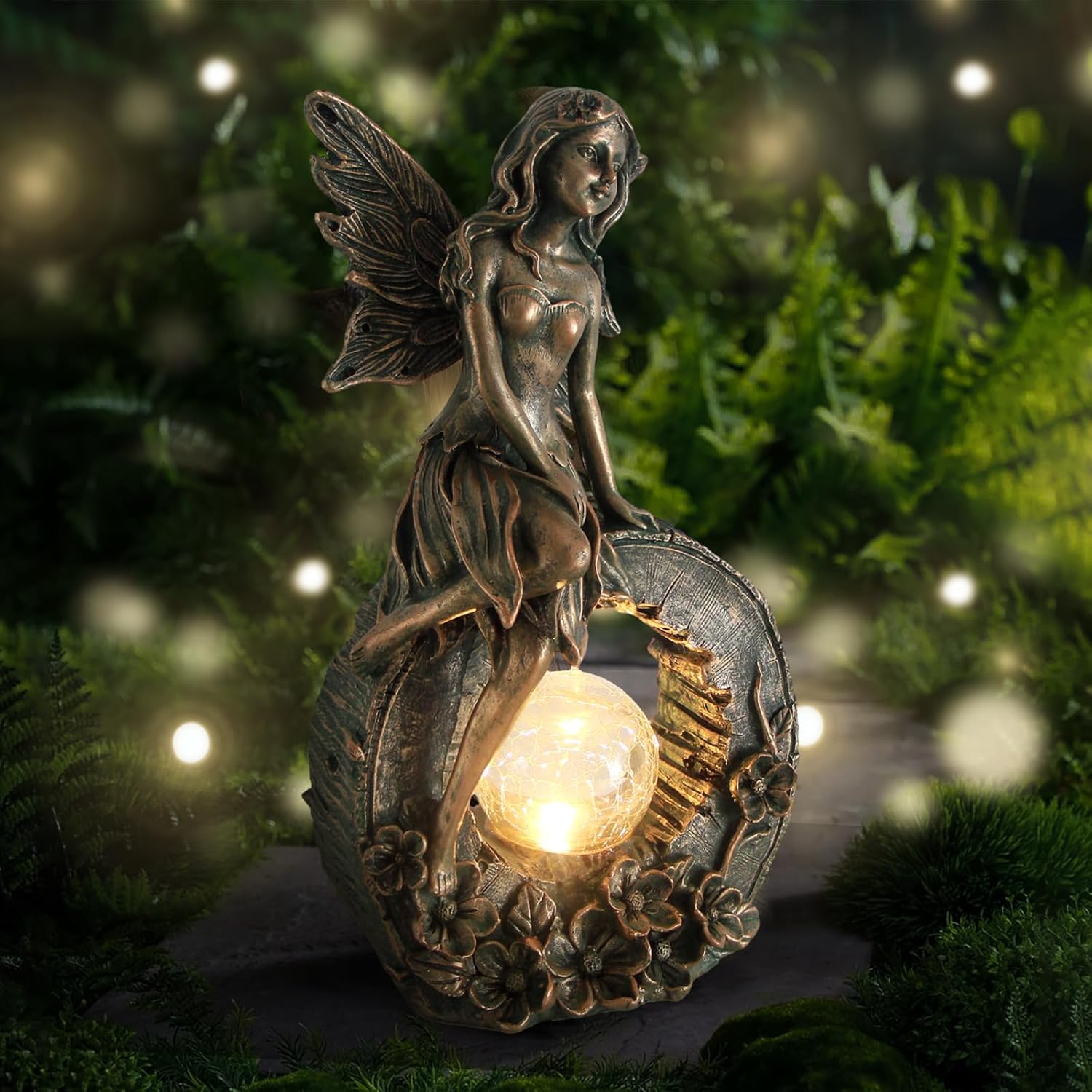 Estatuas de jardín al aire libre de 10.7 pulgadas, decoración de hada de flores, escultura de resina con energía solar para patio, césped, patio,