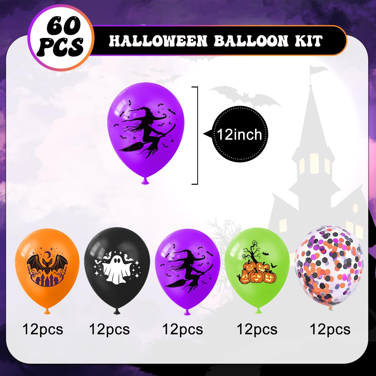 KORHONEN Globos de Halloween, 60 globos de látex de confeti de 12 pulgadas, color morado, naranja, verde, negro, confeti, para suministros de fiesta