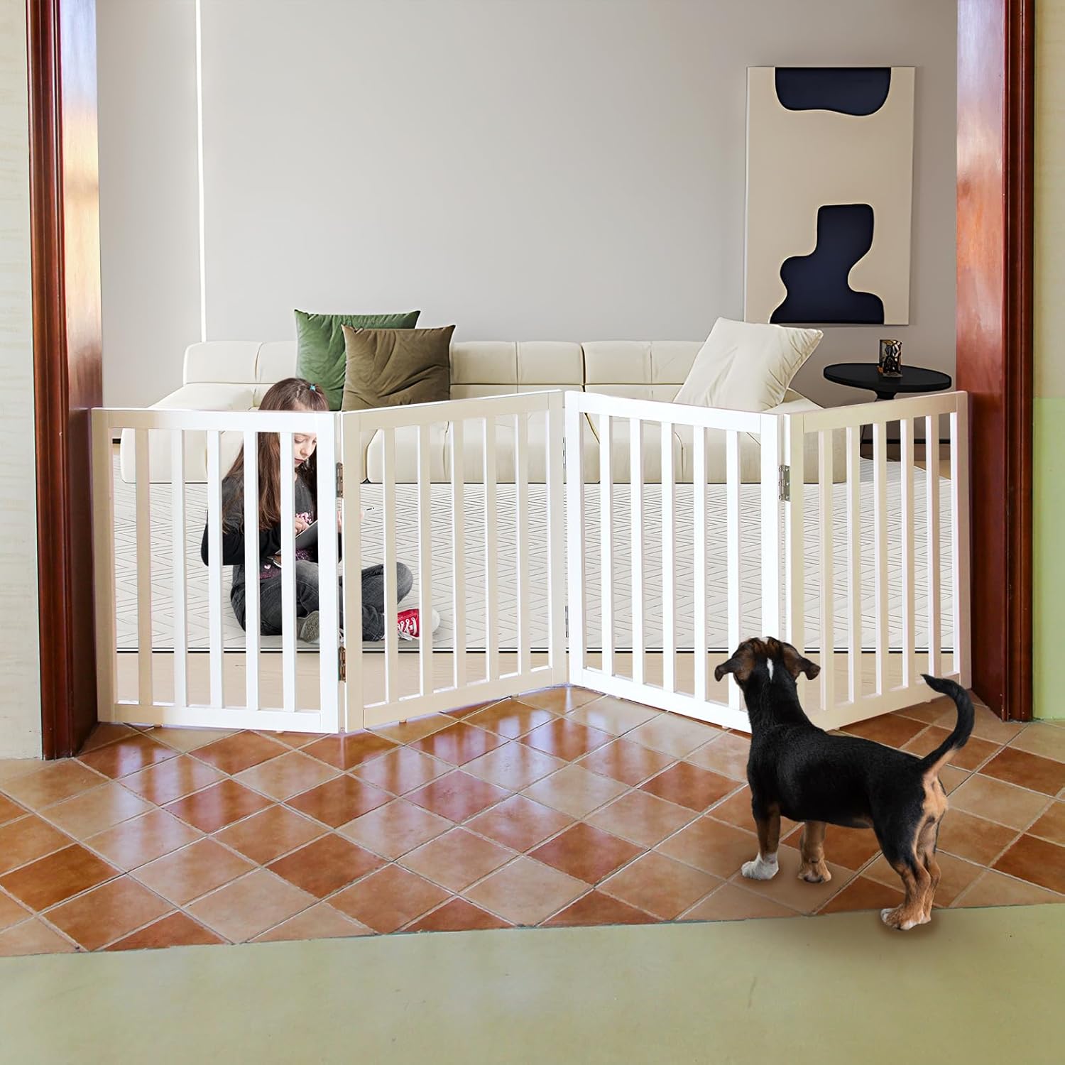 Puerta plegable independiente para perros para casa, puerta de madera extra ancha para cachorros, escaleras para perros, puertas altas para