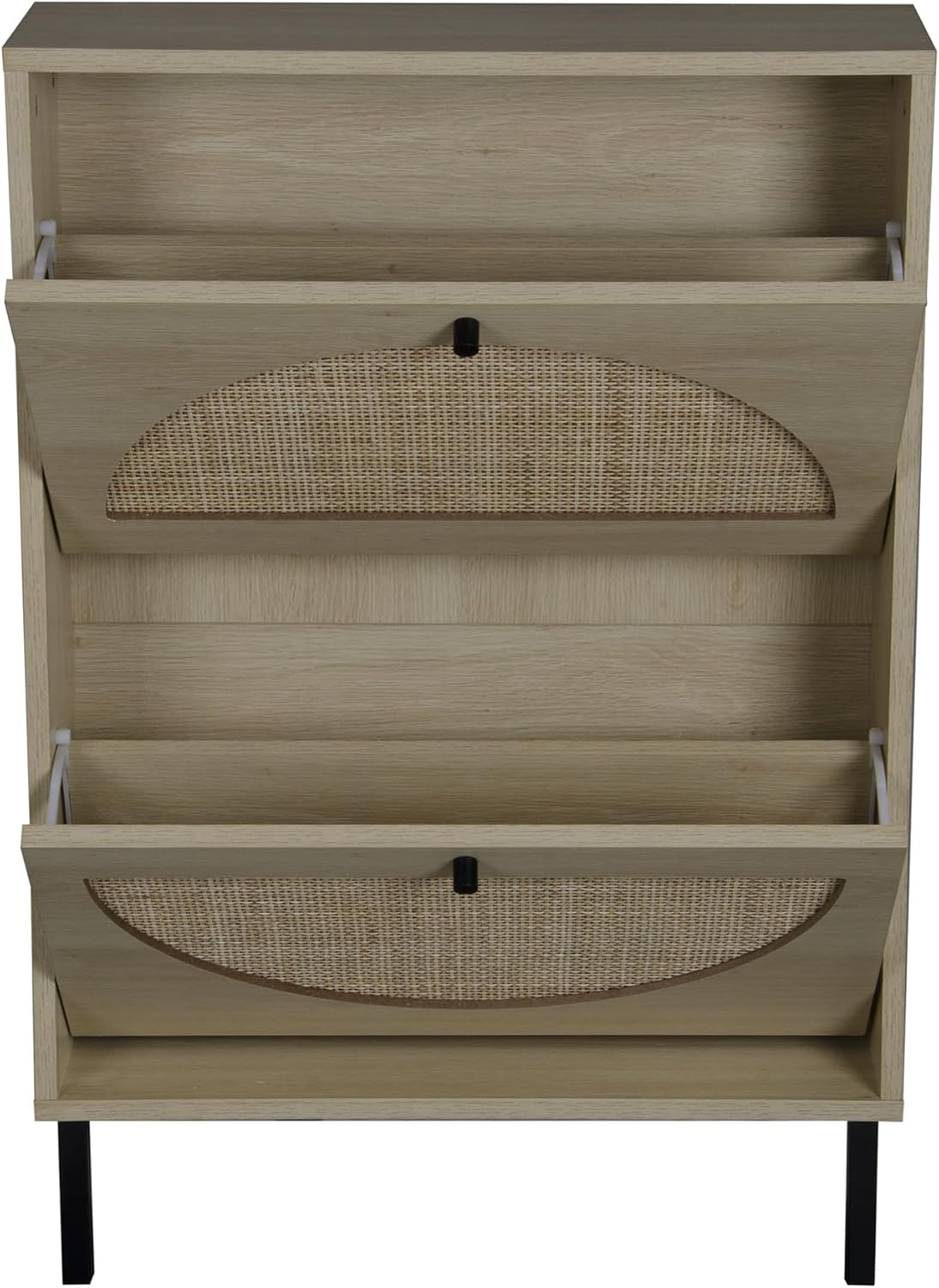 Zapatero de ratán con 2 cajones abatibles, zapatero de 2 niveles, organizador de almacenamiento de zapatos de madera natural bohemio para entrada,