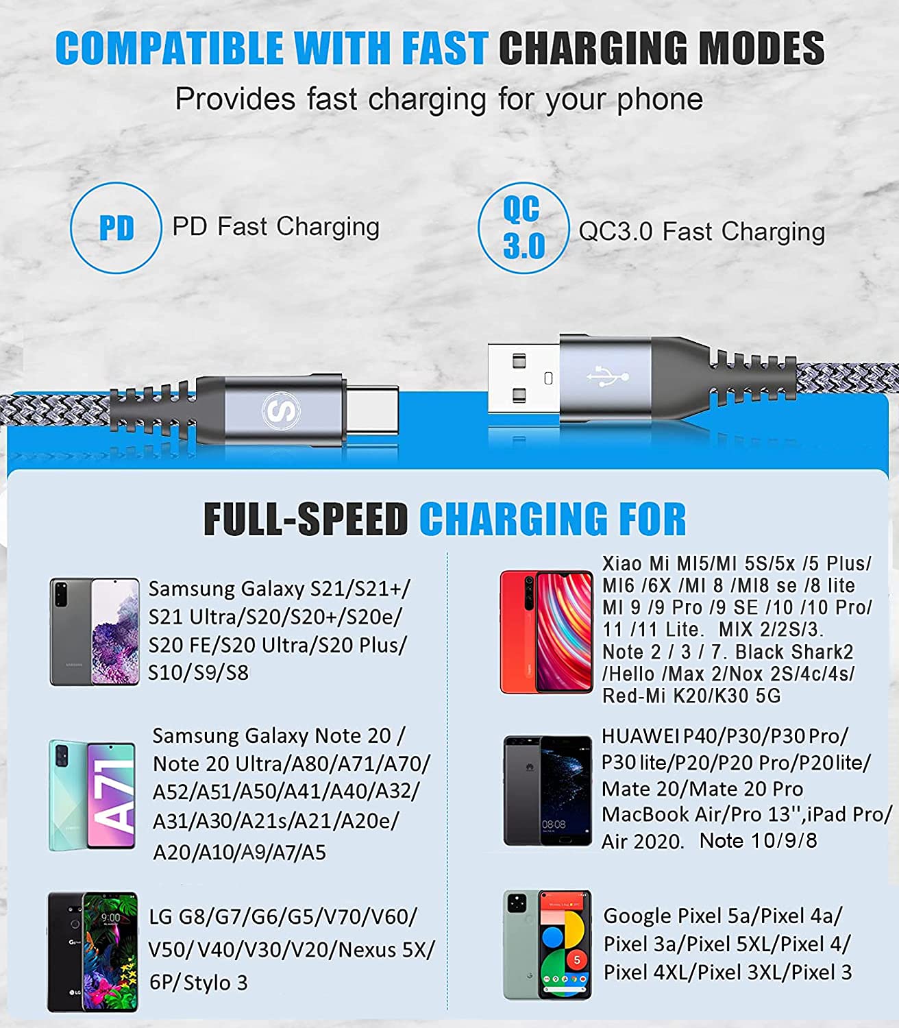 Cable USB tipo C de 3.1 A de carga rápida 3 unidades, 6.6 pies, cargador USB-A a USB-C, cable trenzado de nailon para Samsung Galaxy S21 S20 S10 S9