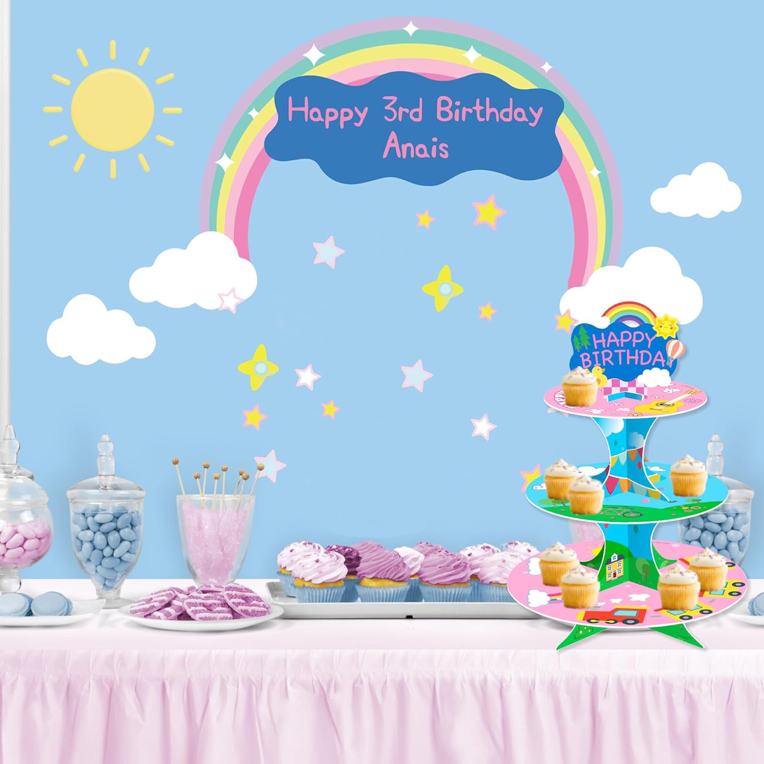 Soporte de cupcakes rosa de dibujos animados, suministros de fiesta temática de niña rosa para niños, decoración de cupcakes, soporte de pastel de