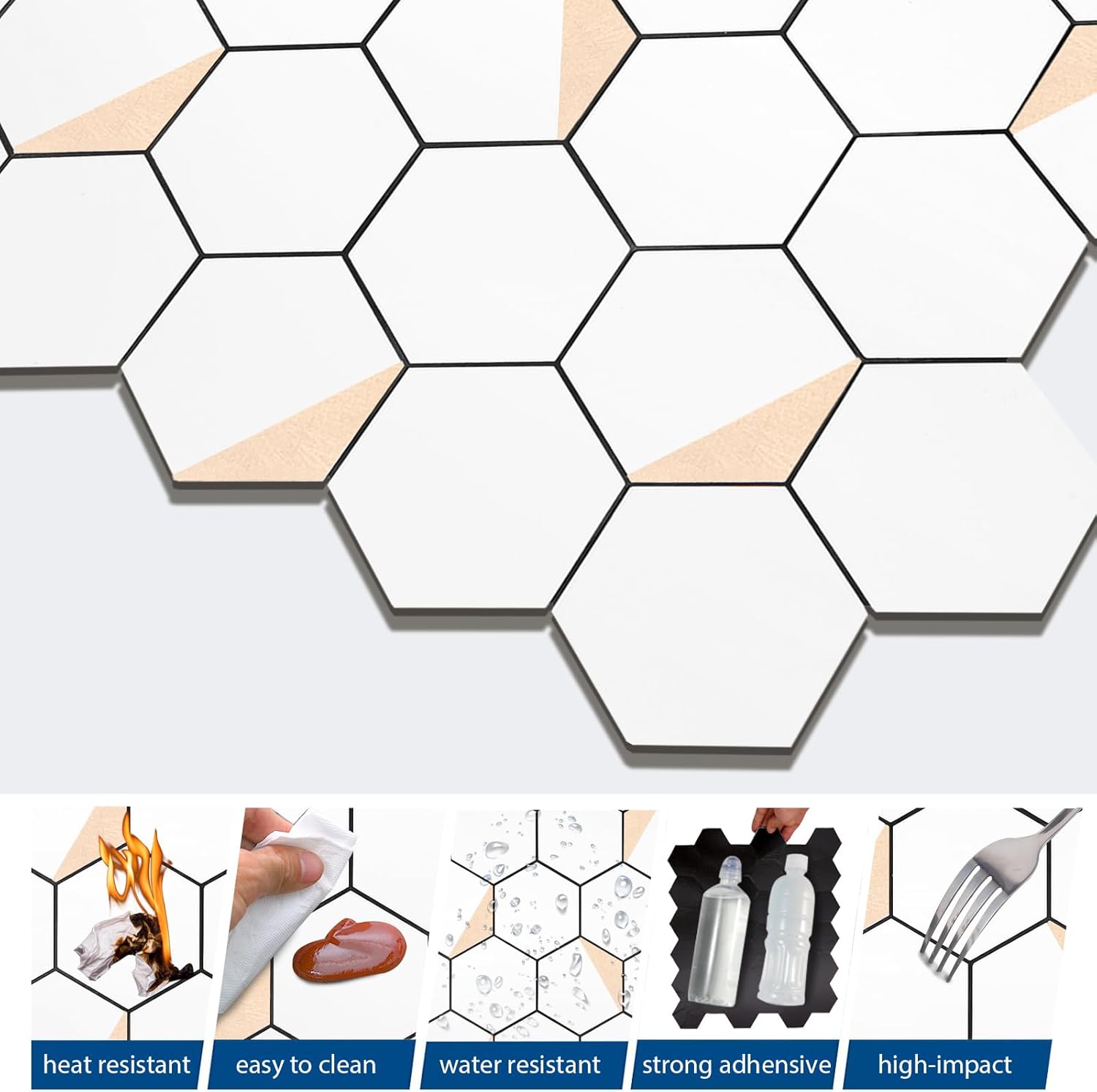 Azulejos hexagonales para salpicaduras para despegar y pegar, 12 x 10.4 pulgadas, azulejos de pared de PVC 3D de metal mixto blanco puro para cocina