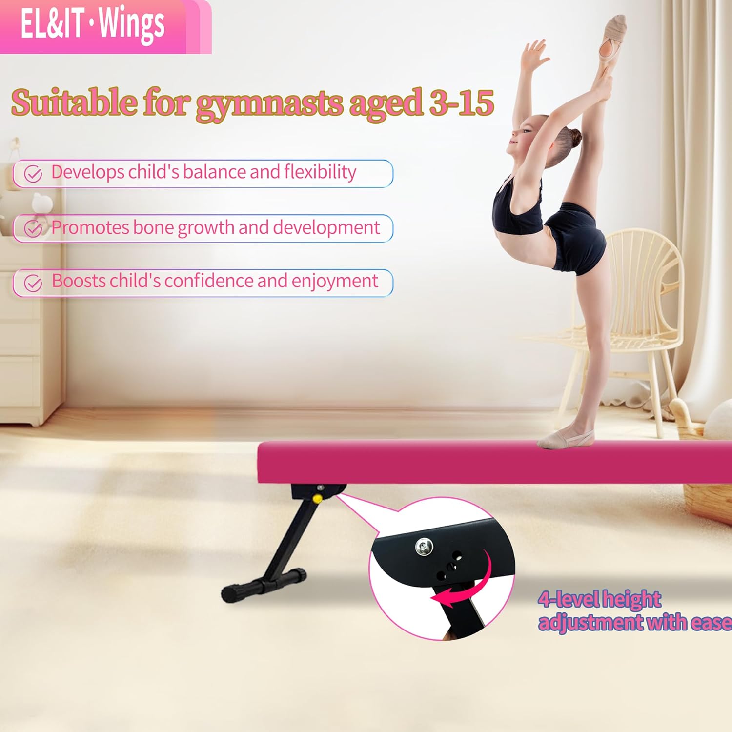 EL&ITWings Viga de equilibrio de gimnasia de 6 pies, viga ajustable de piso de nivel alto y bajo, altamente estable, equipo de entrenamiento de