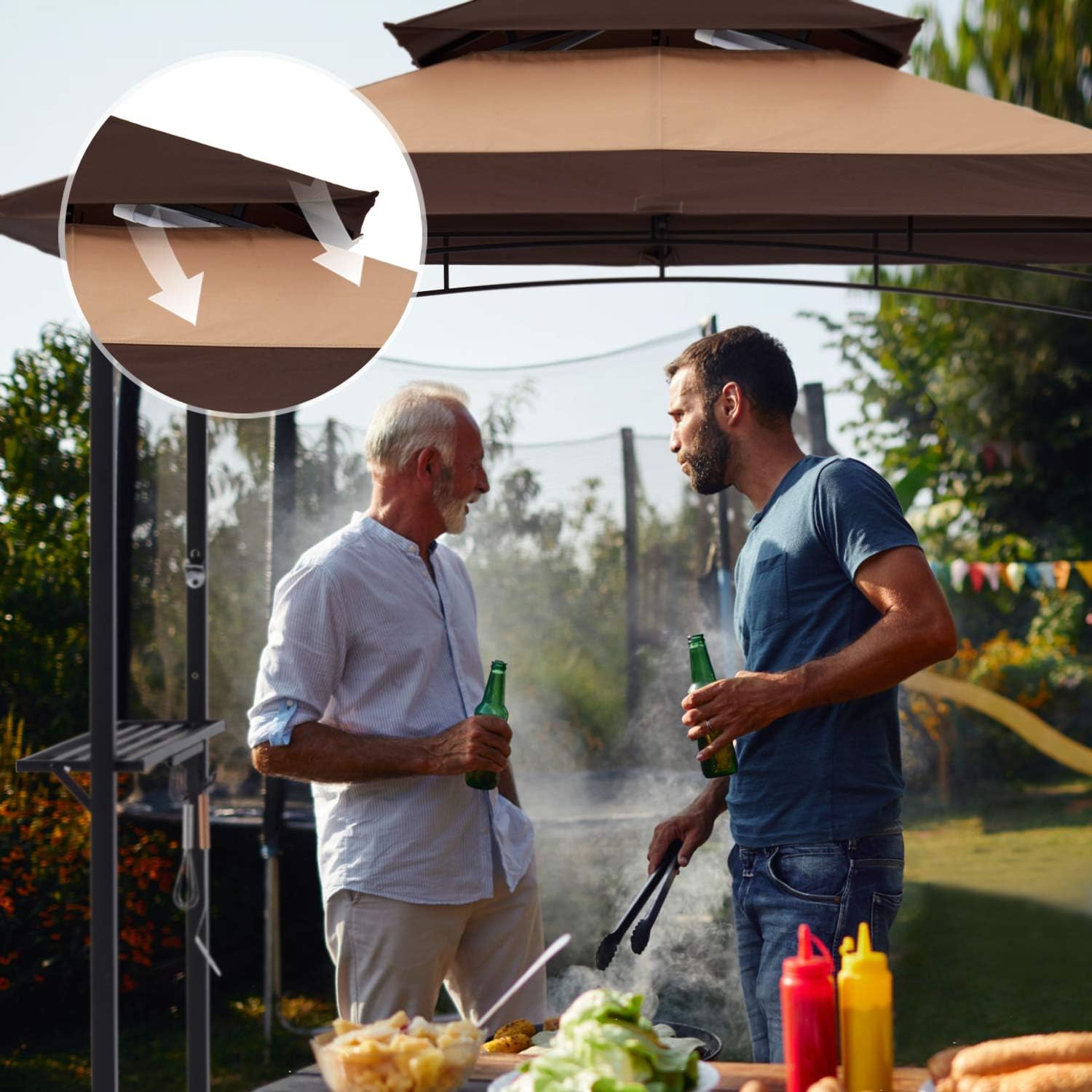 MASTERCANOPY Gazebo de parrilla de 8 x 5 pulgadas, toldo para barbacoa al aire libre con 2 luces LED (costura marrón caqui)