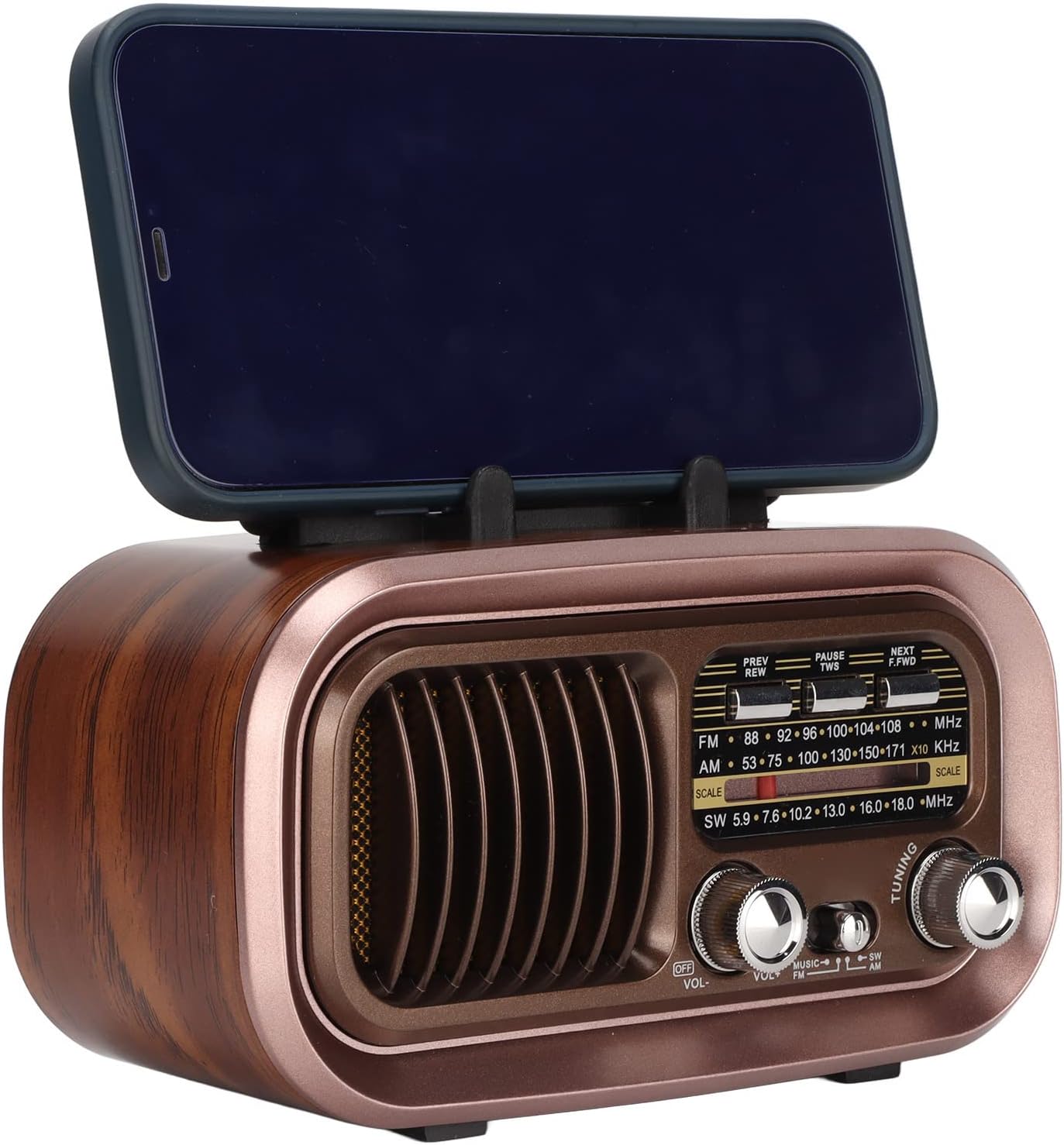 Altavoz portátil de radio FM Bluetooth con diseño vintage 3 bandas multifuncional, ligero y pequeño, MP3 WMA WAV, antena externa (RXBT628)
