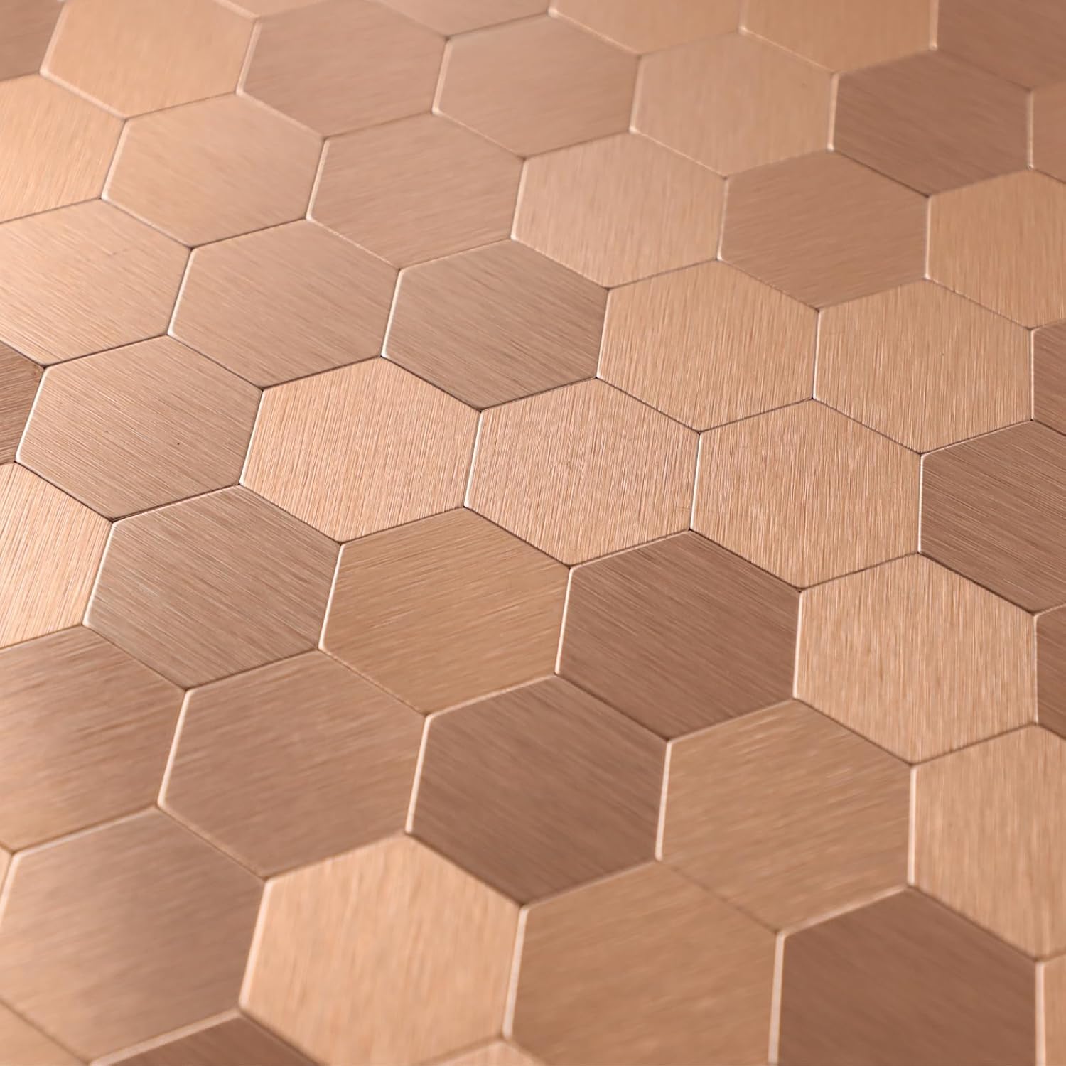 Azulejos hexagonales para despegar y pegar, panel de textura de aluminio cepillado de cobre claro, azulejos de mosaico autoadhesivos para cocina,