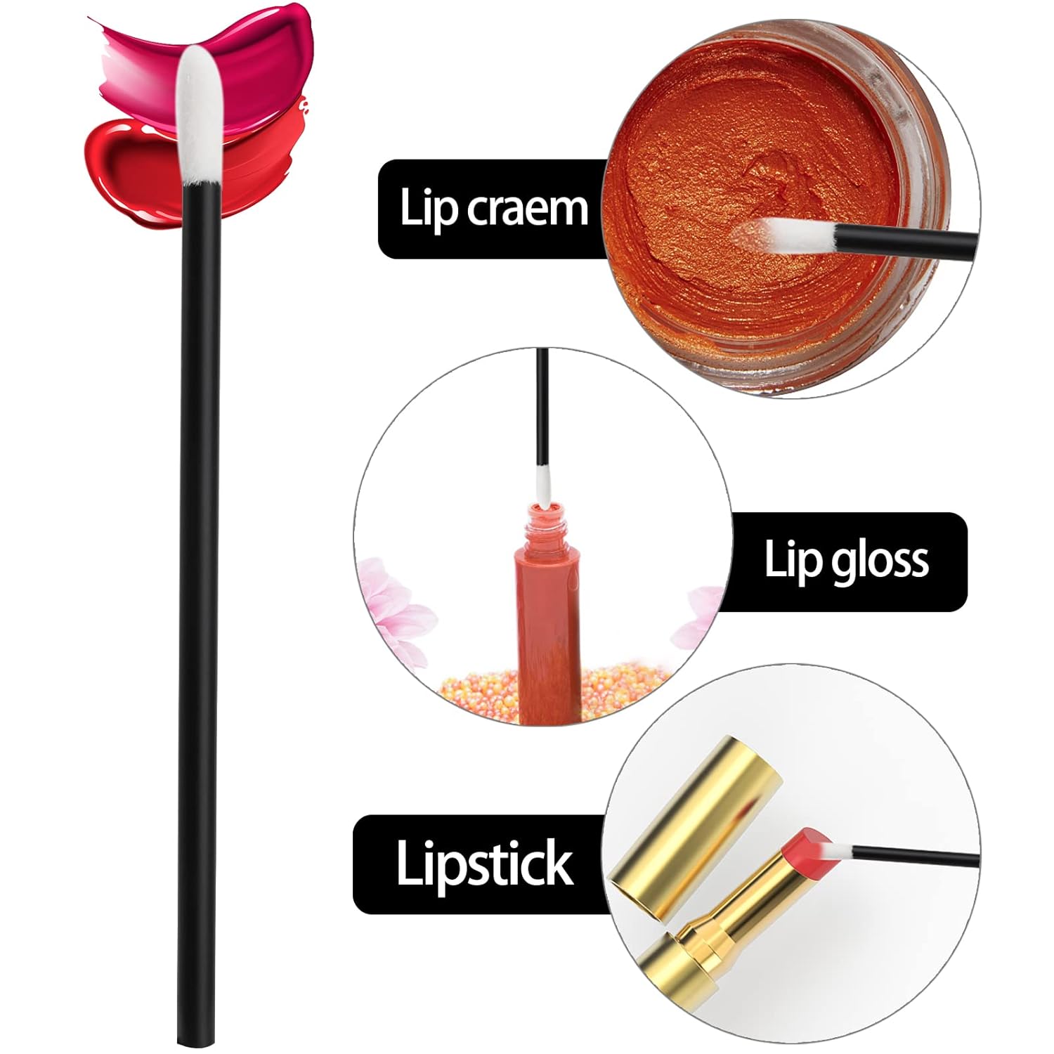 Kits de herramientas de varitas desechables pincel de labios brillo de labios del lápiz labial aplicadores, Negro, Blanco
