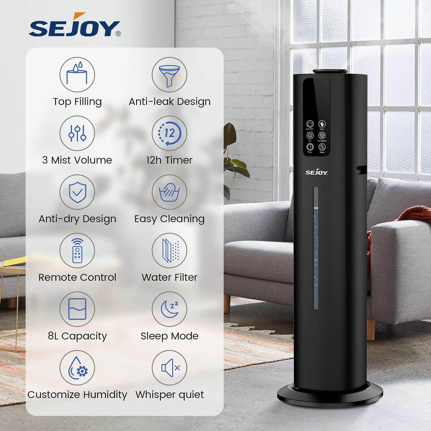 Humidificadores para habitación grande, aire de niebla fría 8L2.11 galones humidificador de llenado superior con aceites esenciales, boquilla de