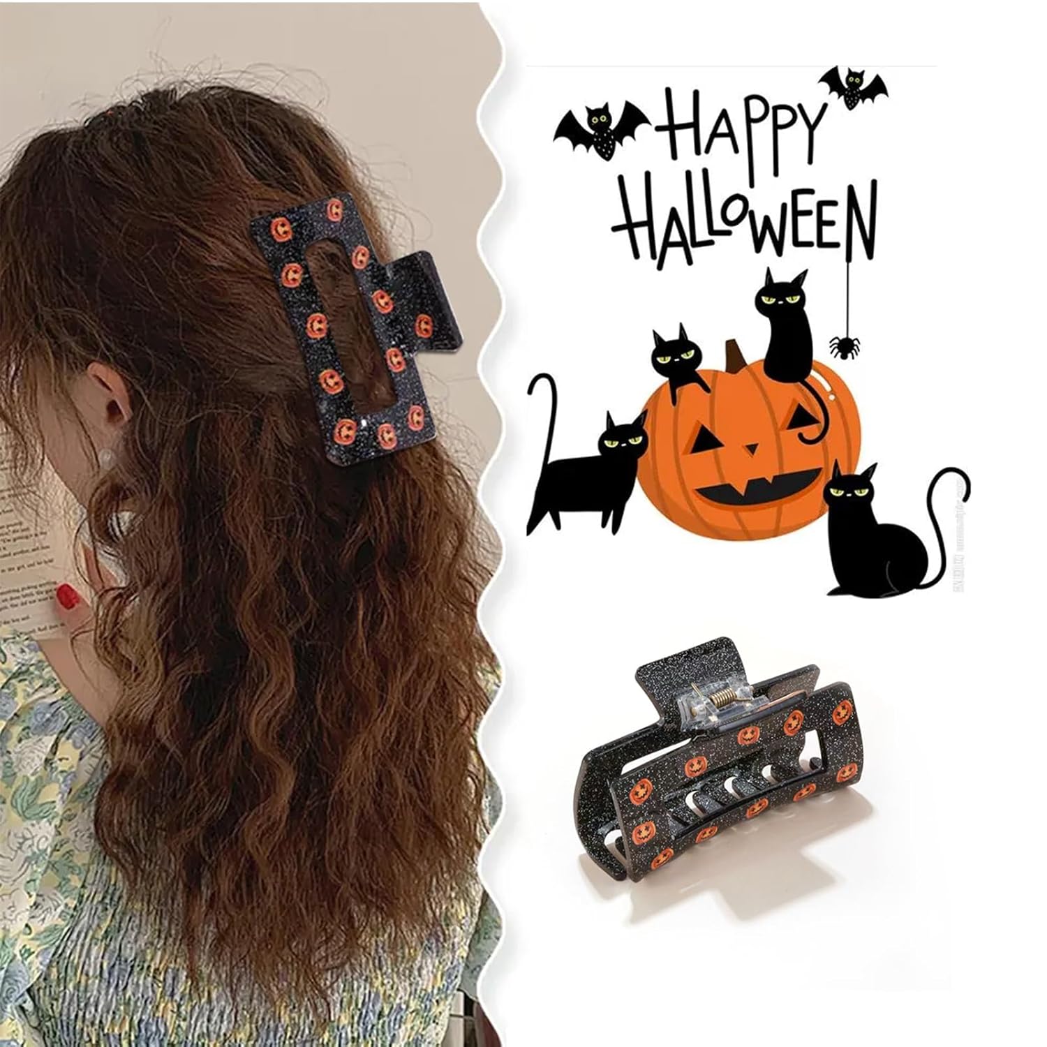 Pinzas para el cabello de Halloween, diseño de calabaza con purpurina de Beleki para mujer, pinzas de mandíbula novedosas, pasadores para el