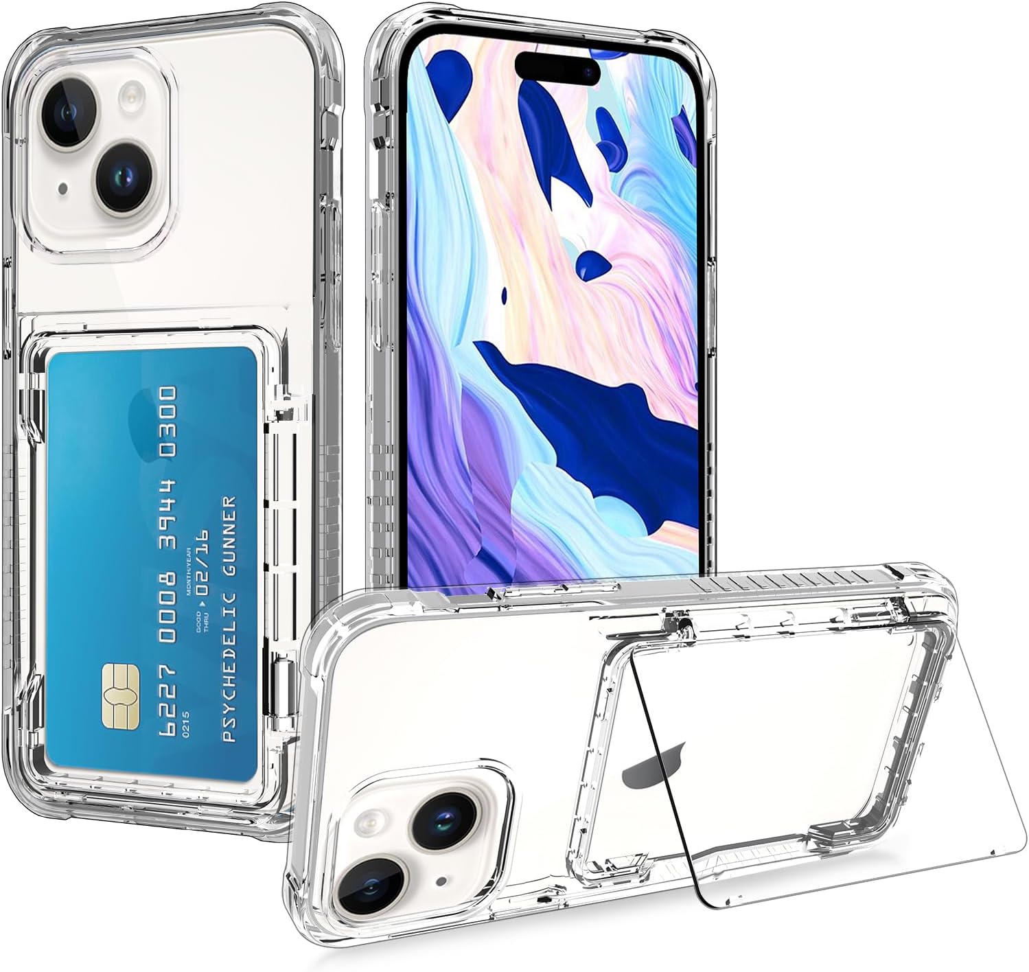 ZIYE Funda diseñada para iPhone 15 con tarjetero, funda tipo cartera para 15, para guardar hasta 3 tarjetas de crédito, funda transparente