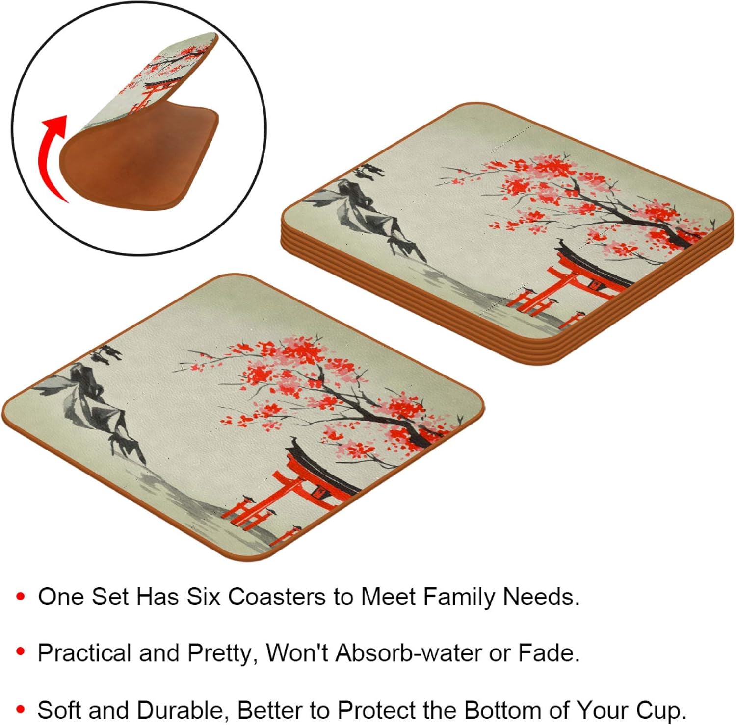 Juego de 6 posavasos de estilo japonés para bebidas, estilo retro, estilo japonés, alfombrilla cuadrada de cuero para proteger muebles, resistente