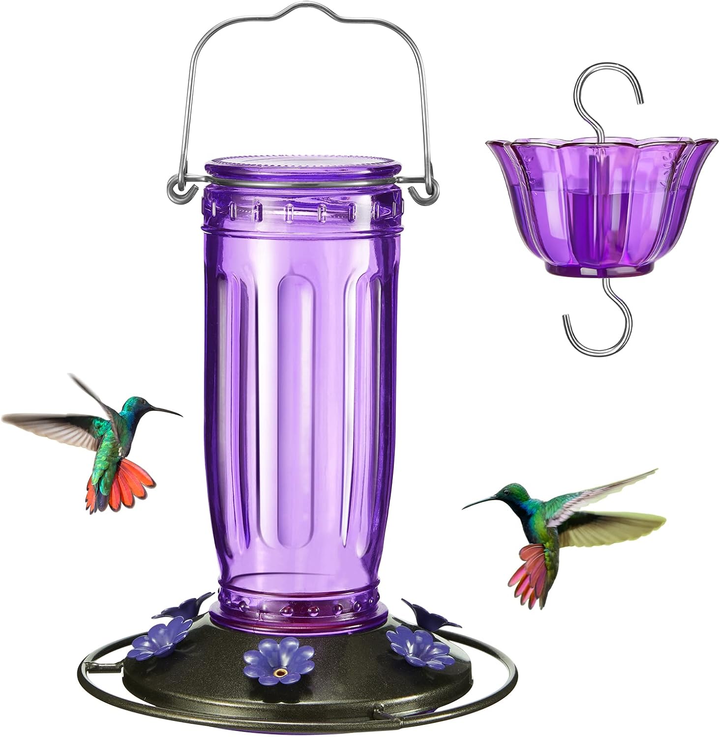 Kingsyard Comedero de cristal para colibríes para exteriores, comedero para pájaros silvestres con 6 puertos de alimentación para colgar para jardín