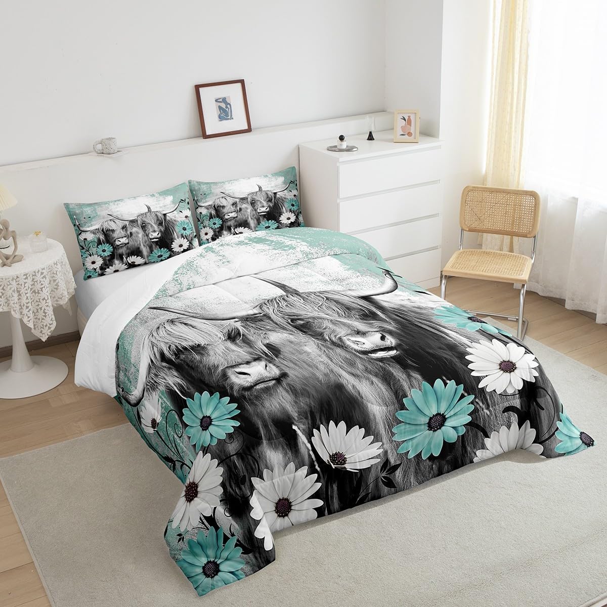 Juego de ropa de cama de vaca de las montañas, regalo de vaqueros, para niños y niñas, individual, juego de edredón de granja occidental, edredón de