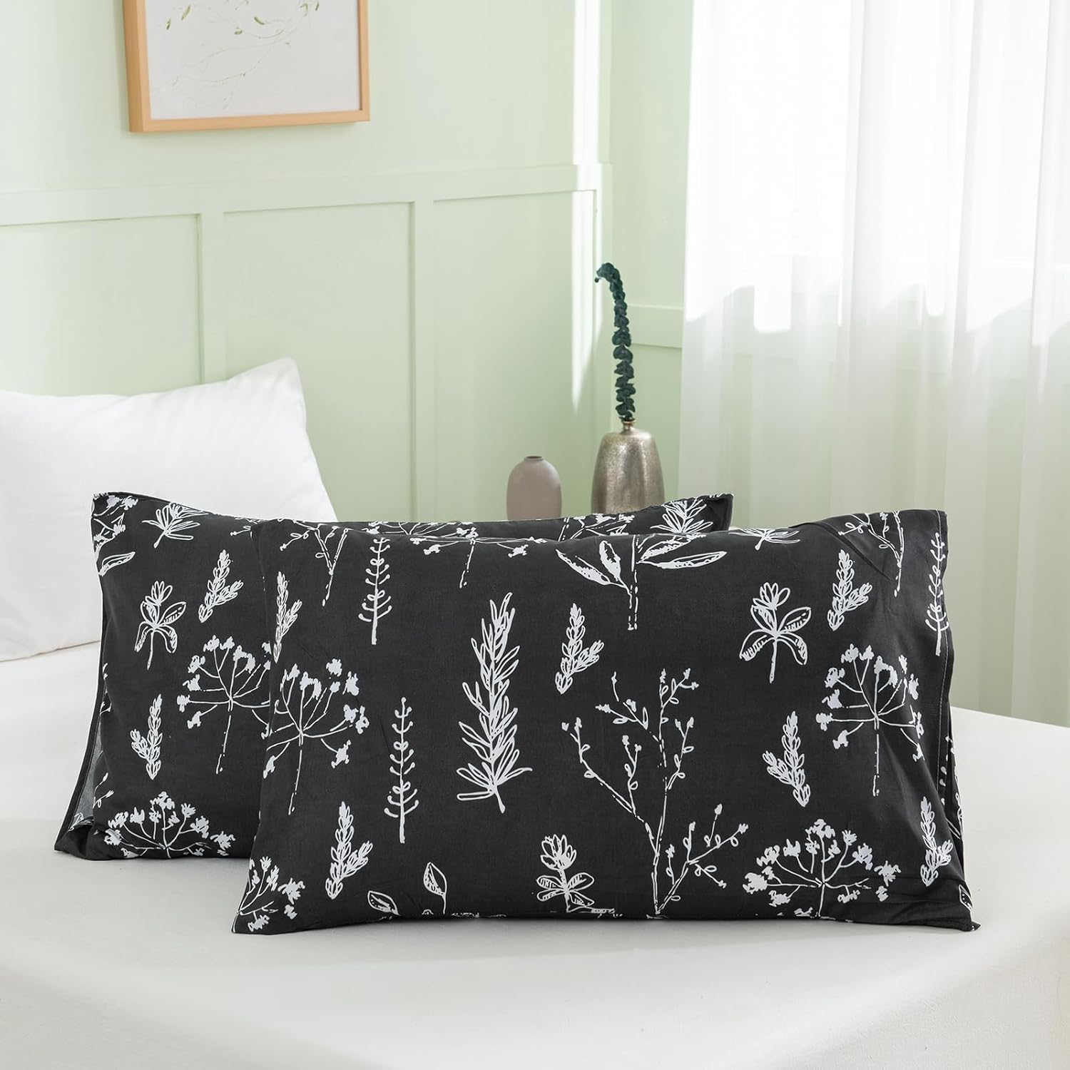 Herside Juego de edredón floral negro tamaño Queen, juegos de ropa de cama de granja, edredón floral suave y ligero con plantas, juego de ropa de