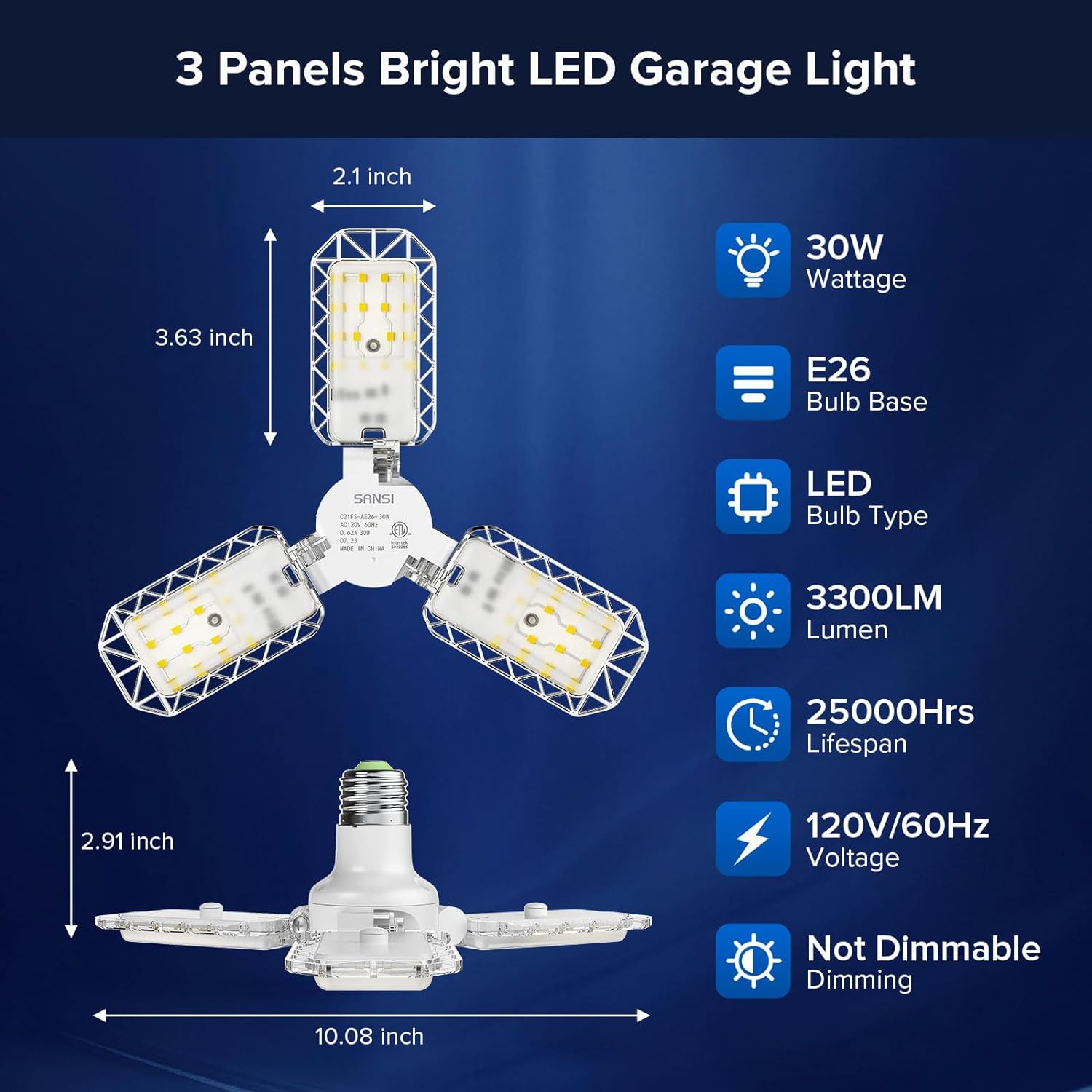 SANSI Luz de techo LED de garaje de 300 W, deformable, 3300 lúmenes, 5000 K, luz diurna blanca brillante, luces LED con 3 paneles ajustables,