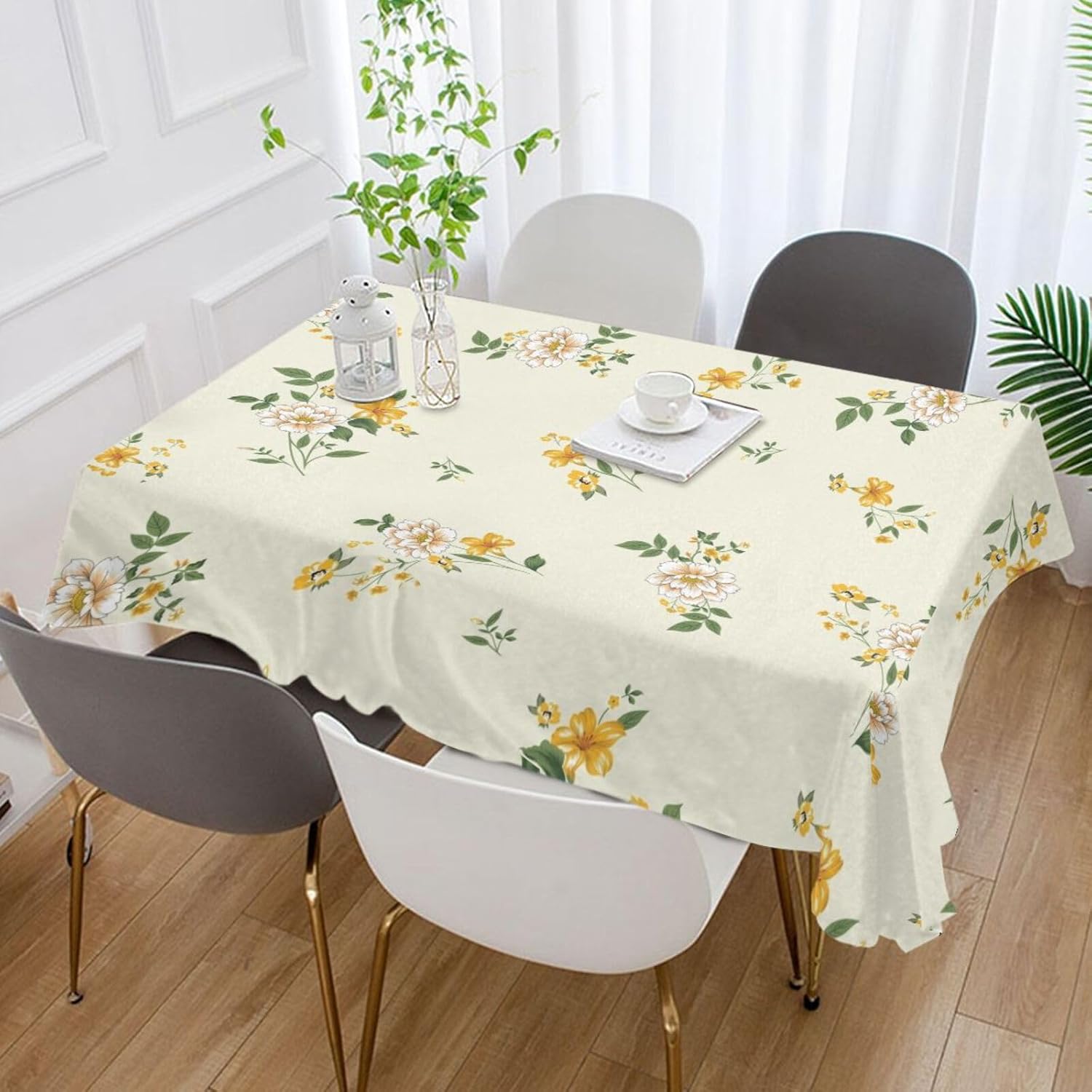 ZOEO Mantel rectangular con estampado de flores sobre amarillo, moderno, mantel de cocina y comedor, mantel decorativo lavable para fiestas, picnic,