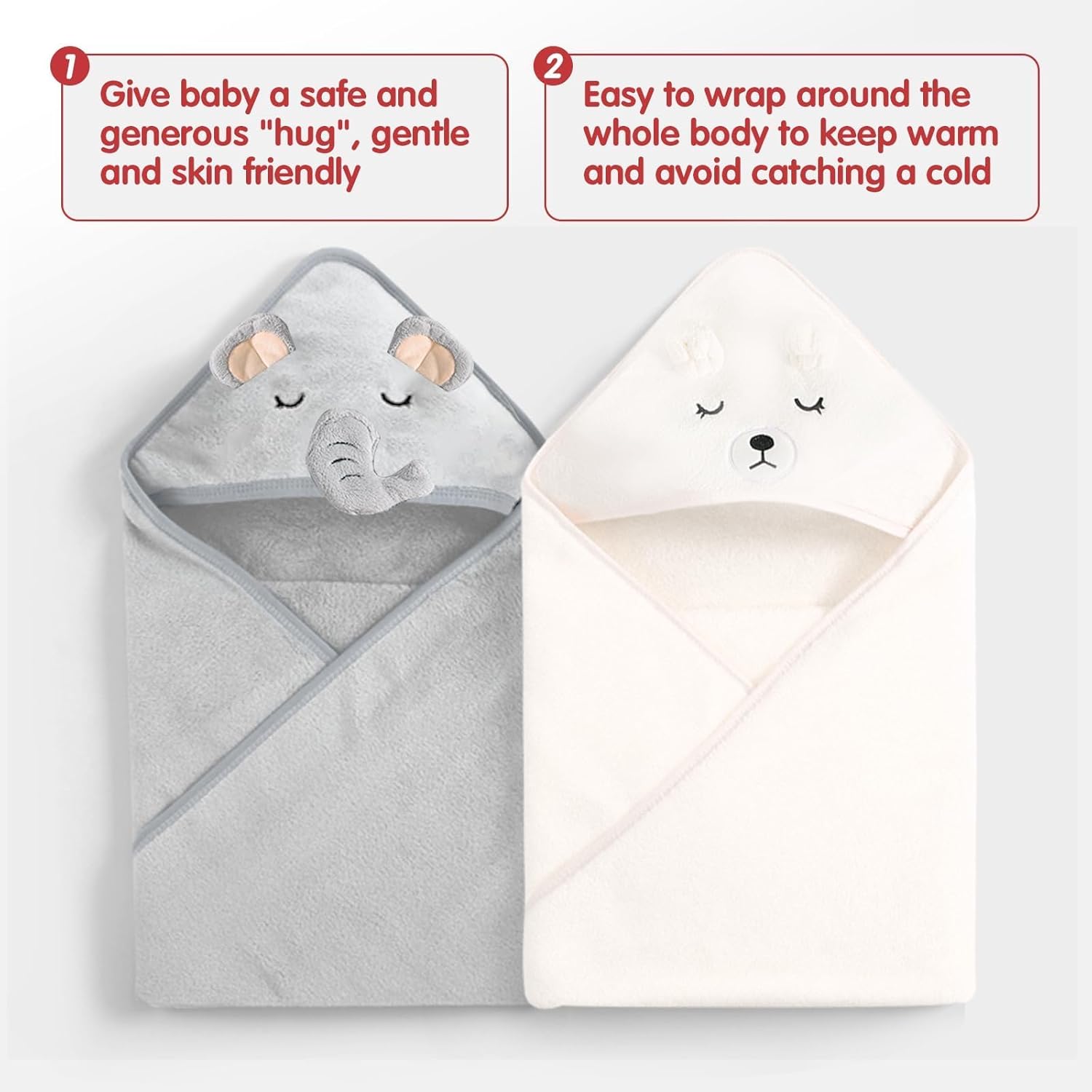kmilro Toalla con capucha para bebé, paquete de 2 toallas esenciales para bebé para niño y niña con 31.5 x 31.5 pulgadas y 2 diseños diferentes,