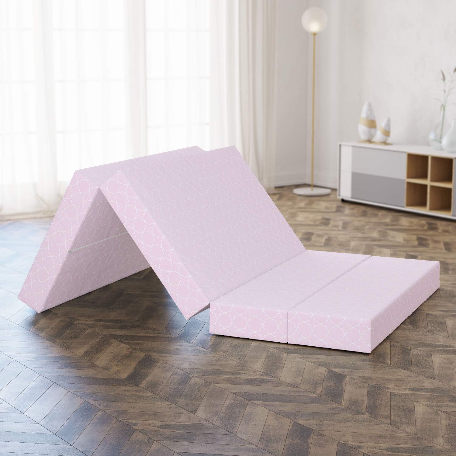 Ambesonne Colchón plegable Eastern, diseño oriental de línea fina, 78.7 x 47.2 pulgadas, rosa y blanco