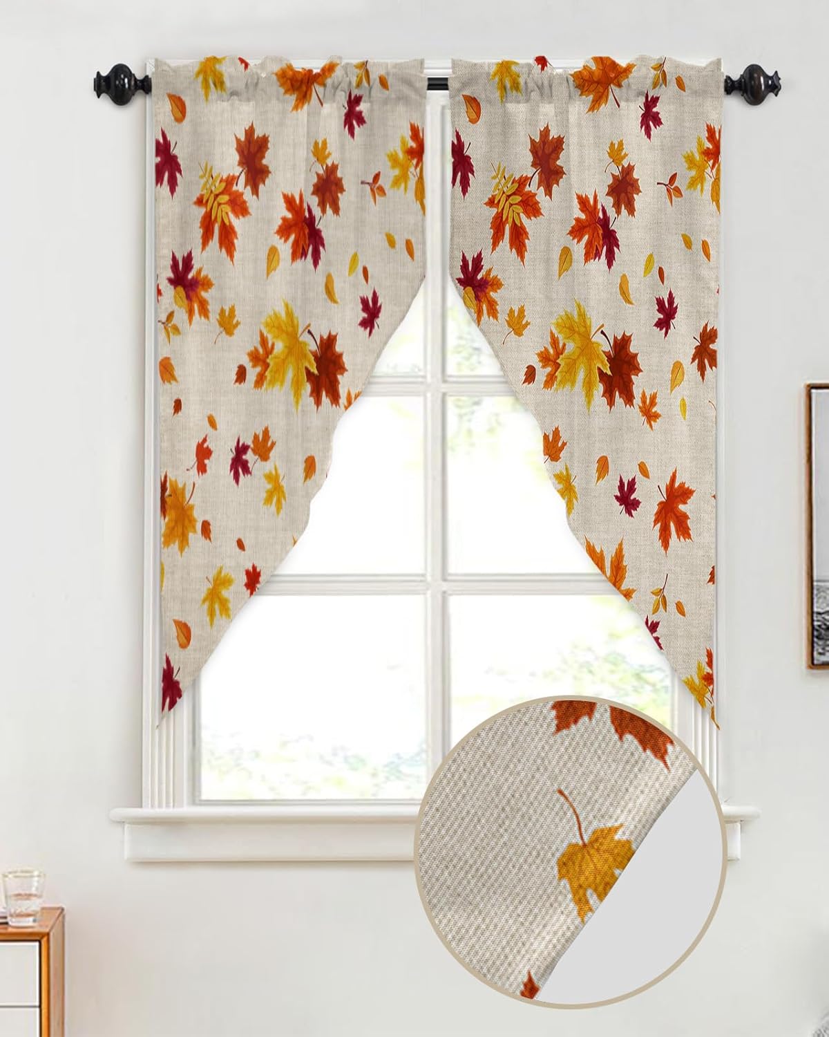 Cortinas con diseño de hojas de arce rojo naranja otoñal, cenefas de cocina con bolsillo para barra, par de festones, follaje caído de Acción de