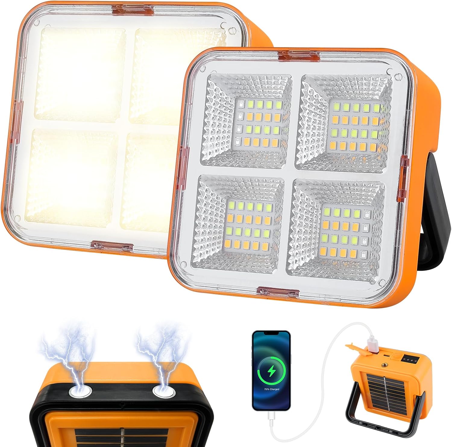 Luz solar portátil LED de trabajo, 2 piezas de 50 W, 400 lm (equivalente a 100 W) recargable de 80 LED, luz magnética con 4 modos de luz para fallo