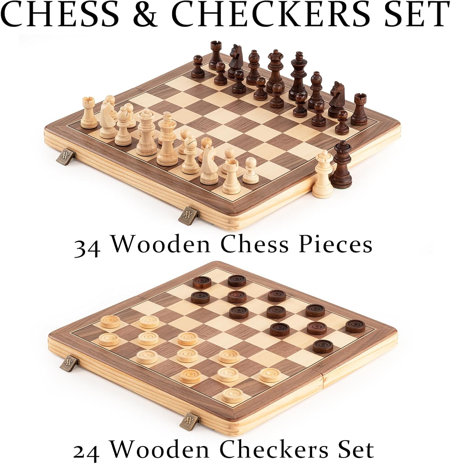 A&A Juego de ajedrez y damas plegables de madera de 15 pulgadas con piezas de ajedrez Staunton de altura King de 3 pulgadas, 2 reinas adicionales,