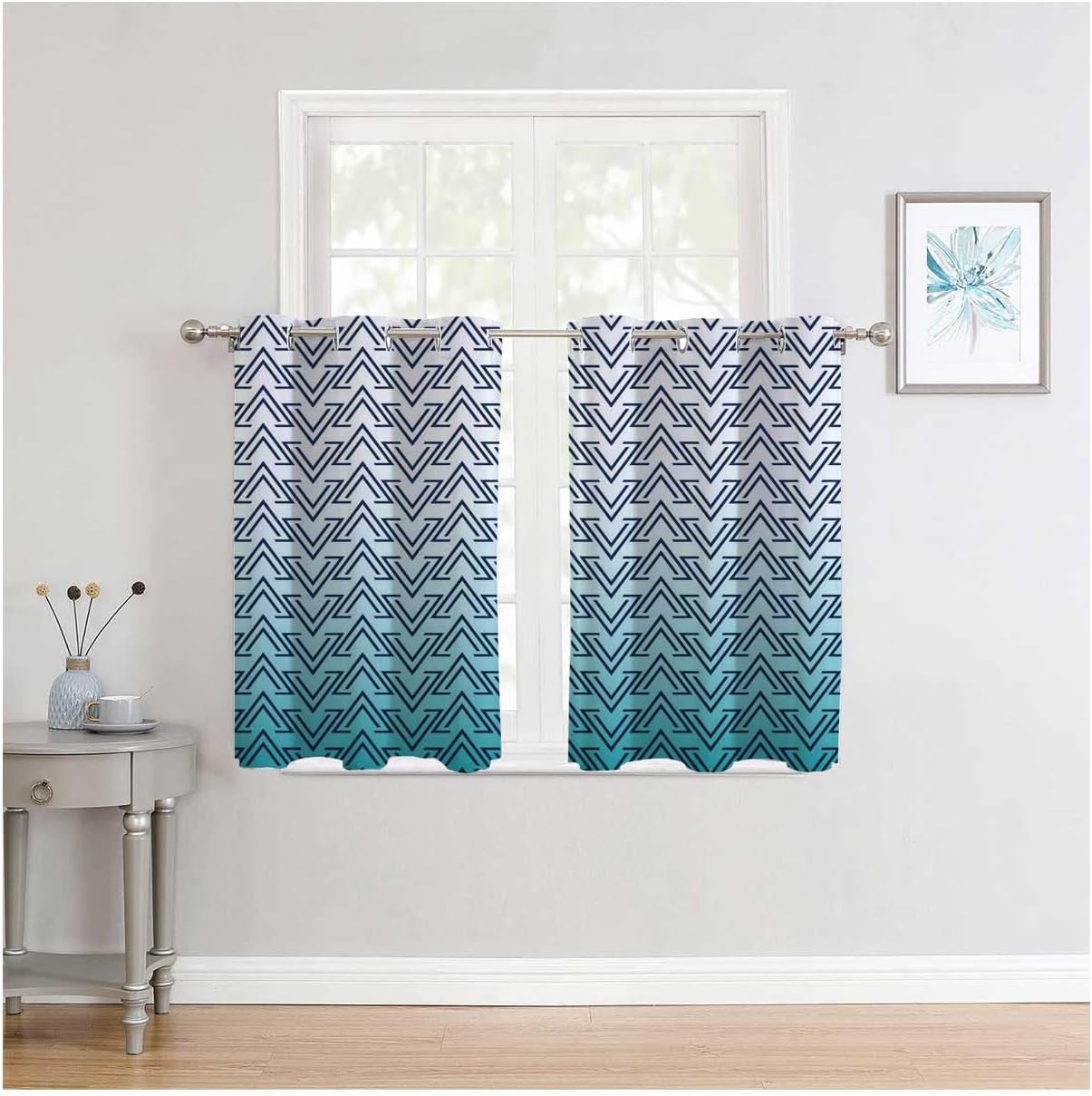 YANFENQI Cortinas para Sala Elegantes Modernas White Cyan Gradient Geometric Checked Curtain Room Divider Window Noise Blocker 63Inch Width by