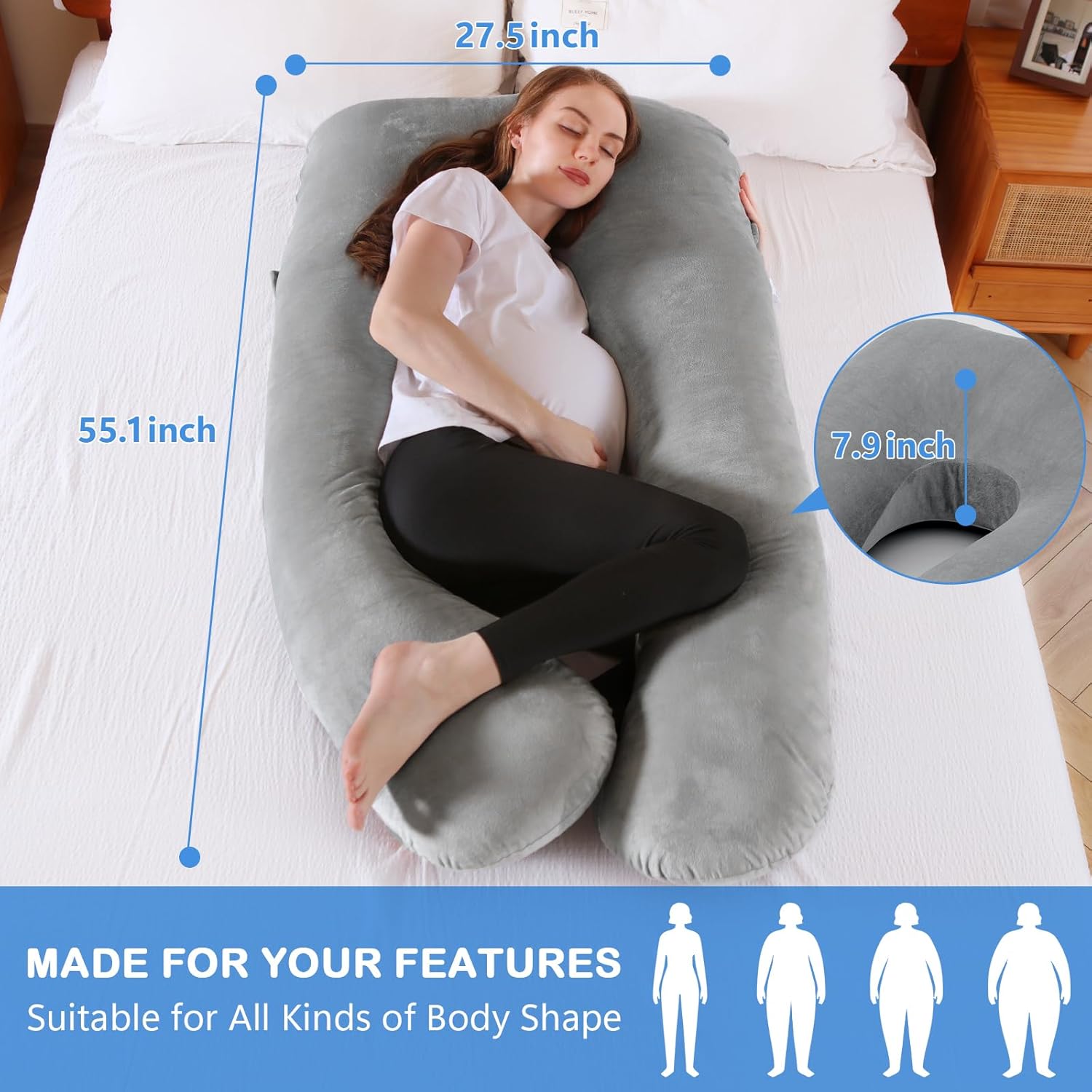 Almohadas de embarazo, almohada de cuerpo completo en forma de U con funda de terciopelo lavable, almohadas de embarazo de maternidad de 55 pulgadas