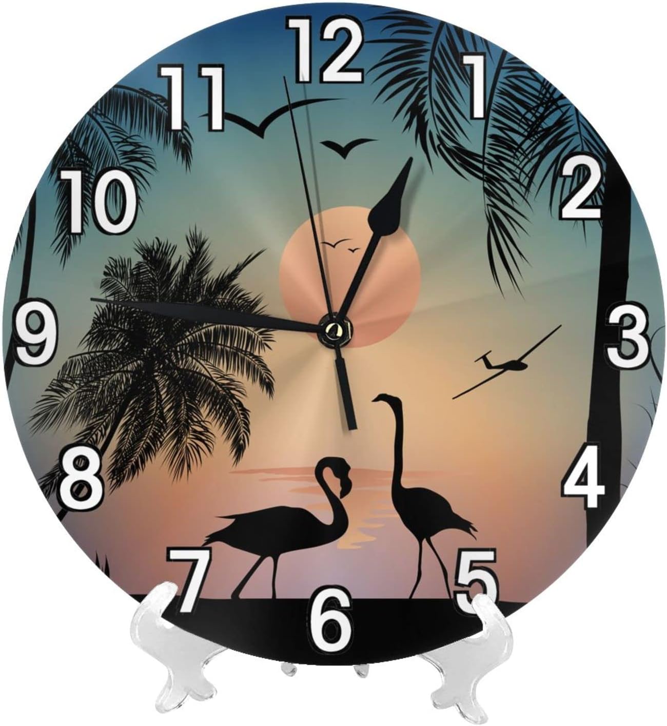 Flamingos Walk on the Sea Beach – Reloj de pared con pilas, reloj redondo silencioso para decoración de pared para el hogar, oficina, escuela, 12