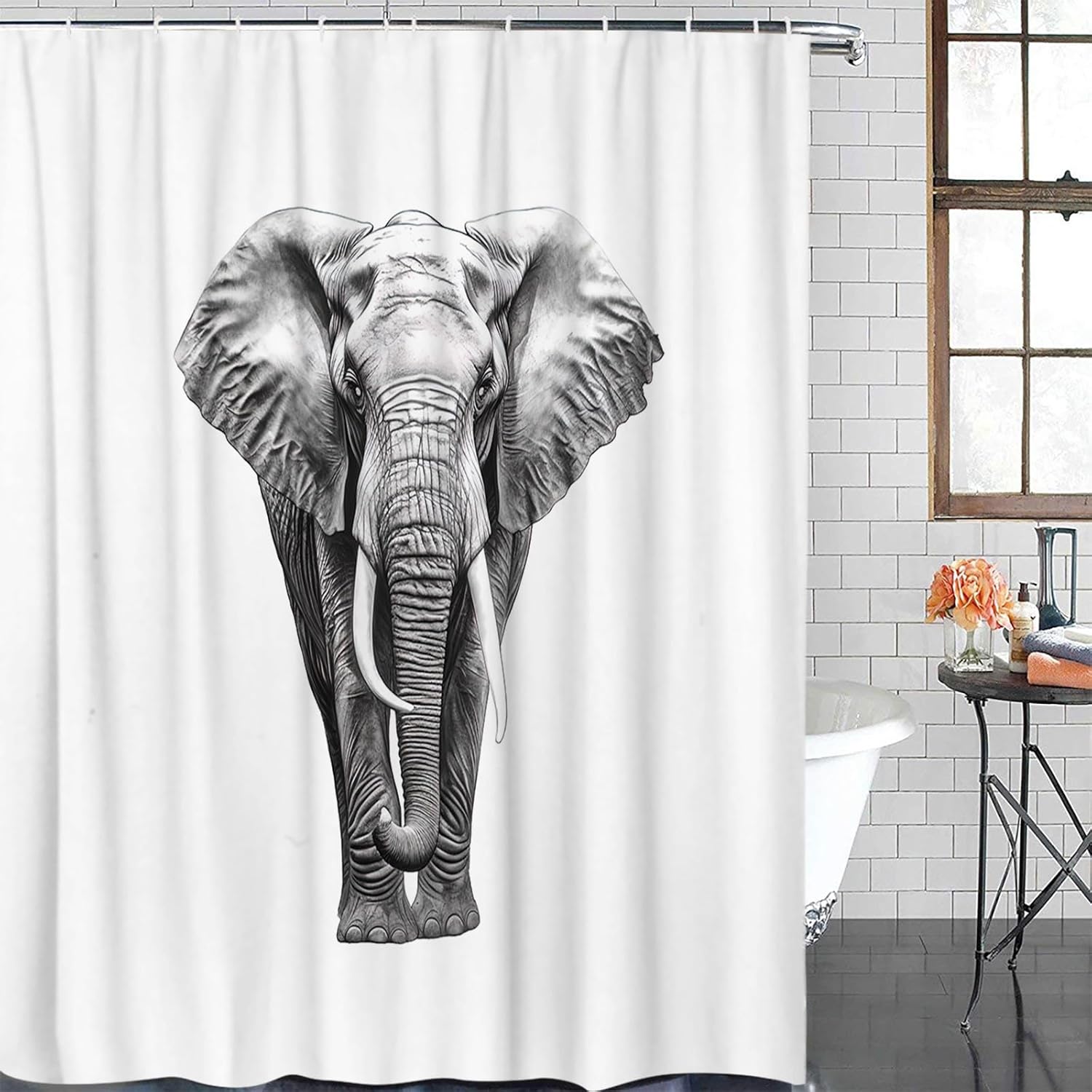 Juego de cortinas de ducha impermeables con 12 ganchos, diseño de elefante de 72 x 72 pulgadas, cortina de ducha para decoración de baño para