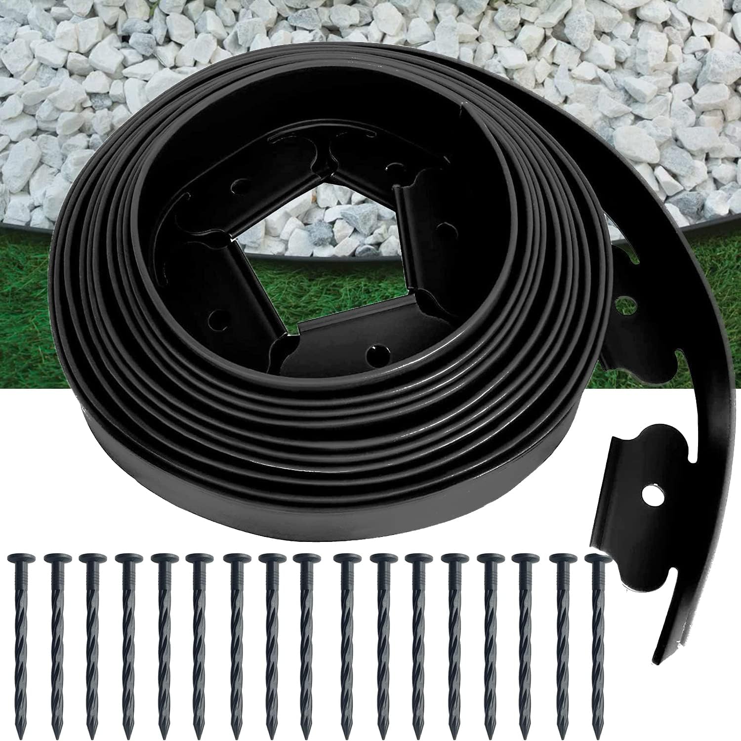 Kit de bordes de paisaje sin excavación, borde de borde de jardín de 40 pies, incluye 36 picos de anclaje, rollo de bordes de plástico negro para