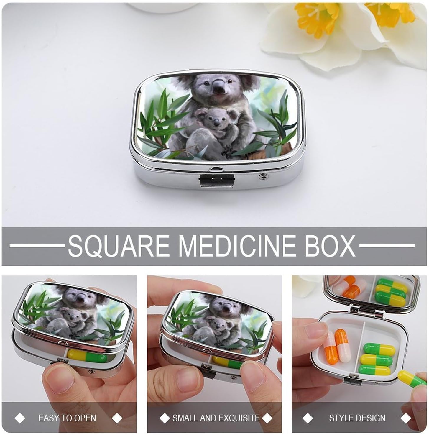 Koala Painting – Pastillero pequeño, organizador de pastilleros de metal con cerradura, mini caja de medicina portátil, caja de vitaminas diaria a