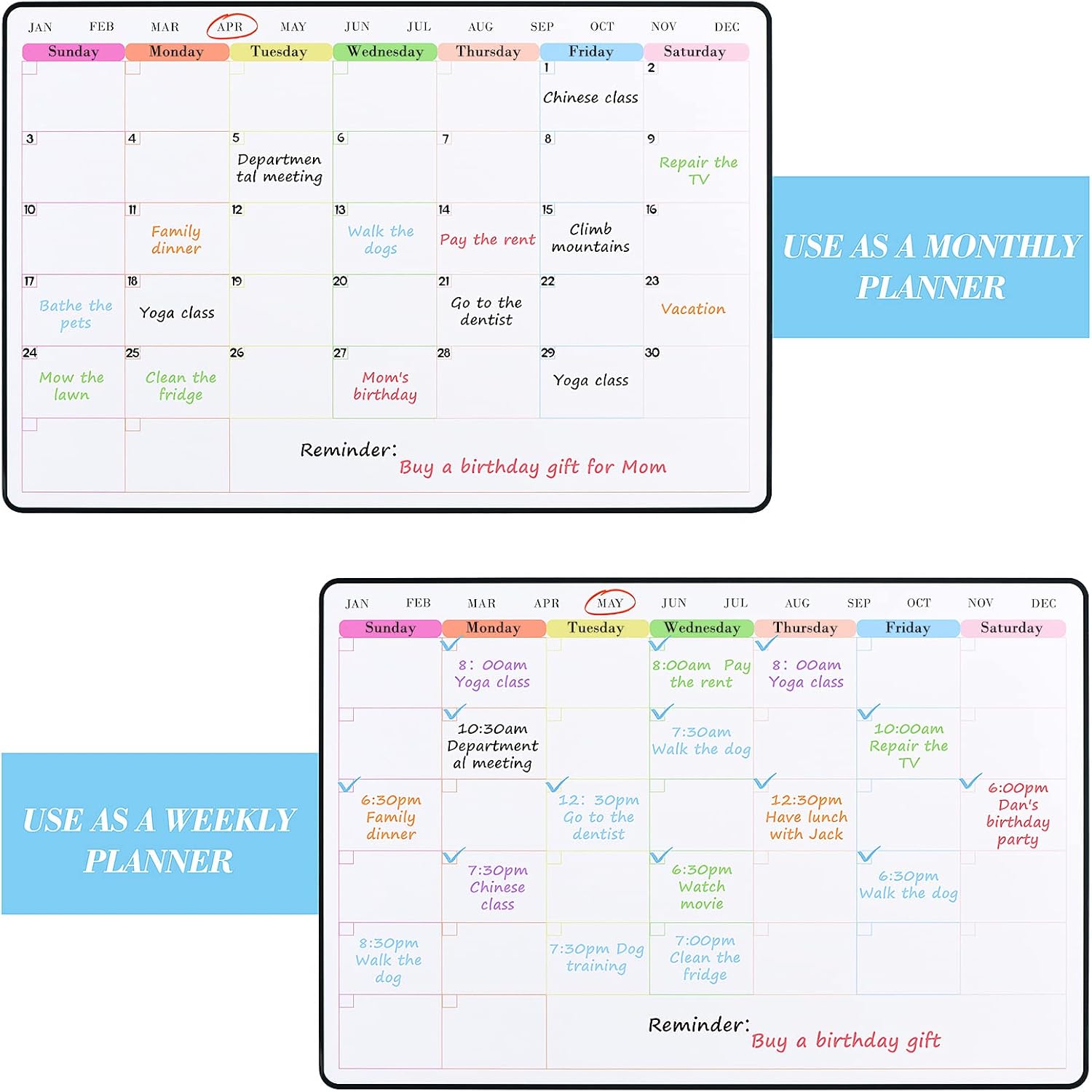 POPRUN Dry Erase Calendar weekly and monthly self adhesive stick on non-magnetic stainless fridge & Glass & Wall & wooden (any smooth surface)